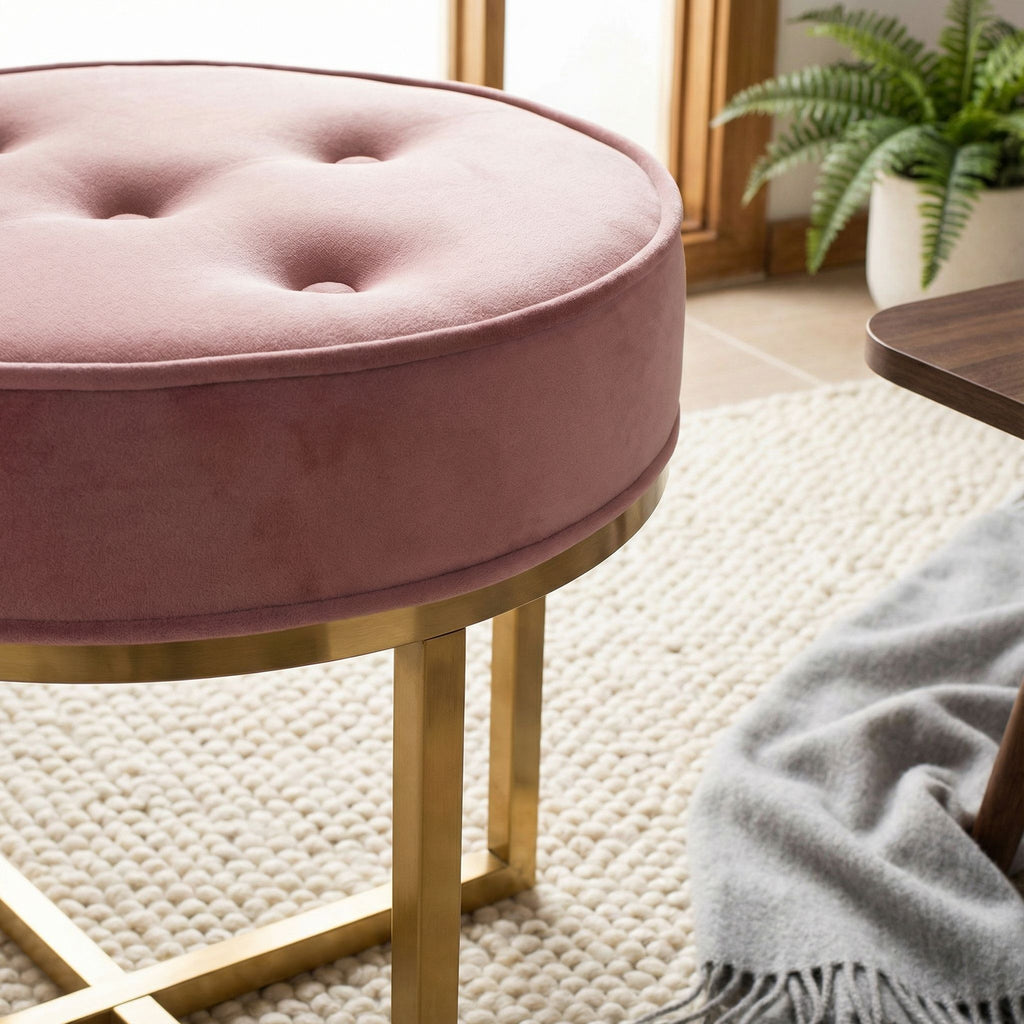 Rosa Round Ottoman, Blush Pink Velvet with Brushed Gold Stainless Steel