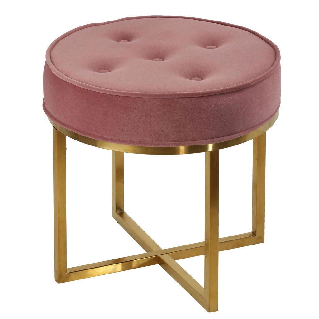 Rosa Round Ottoman, Blush Pink Velvet with Brushed Gold Stainless Steel
