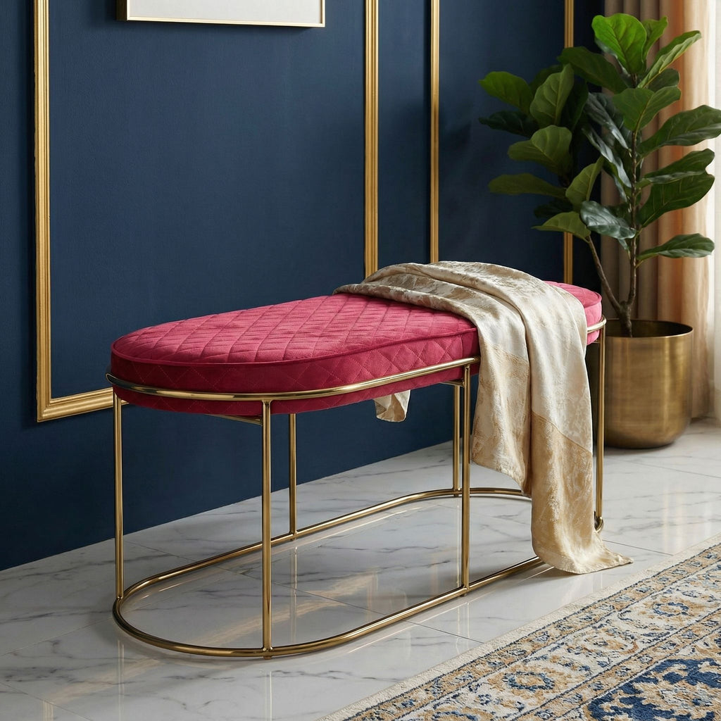 Cortesi Home Ludlow Bench Ottoman in Pink Velvet and Gold