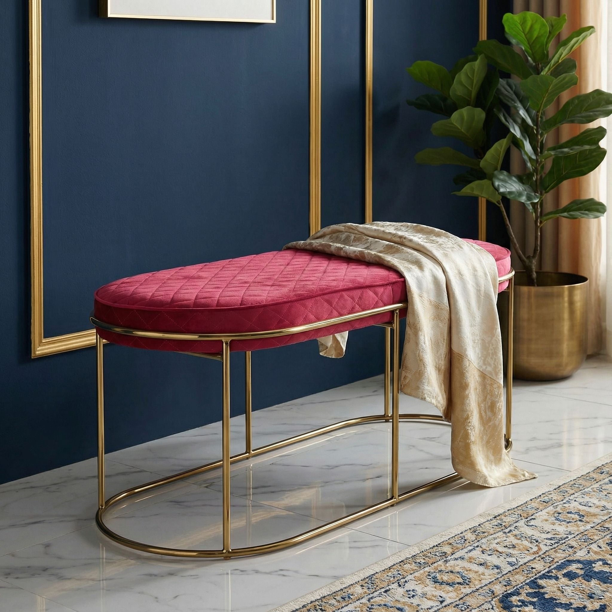 Cortesi Home Ludlow Bench Ottoman in Pink Velvet and Gold