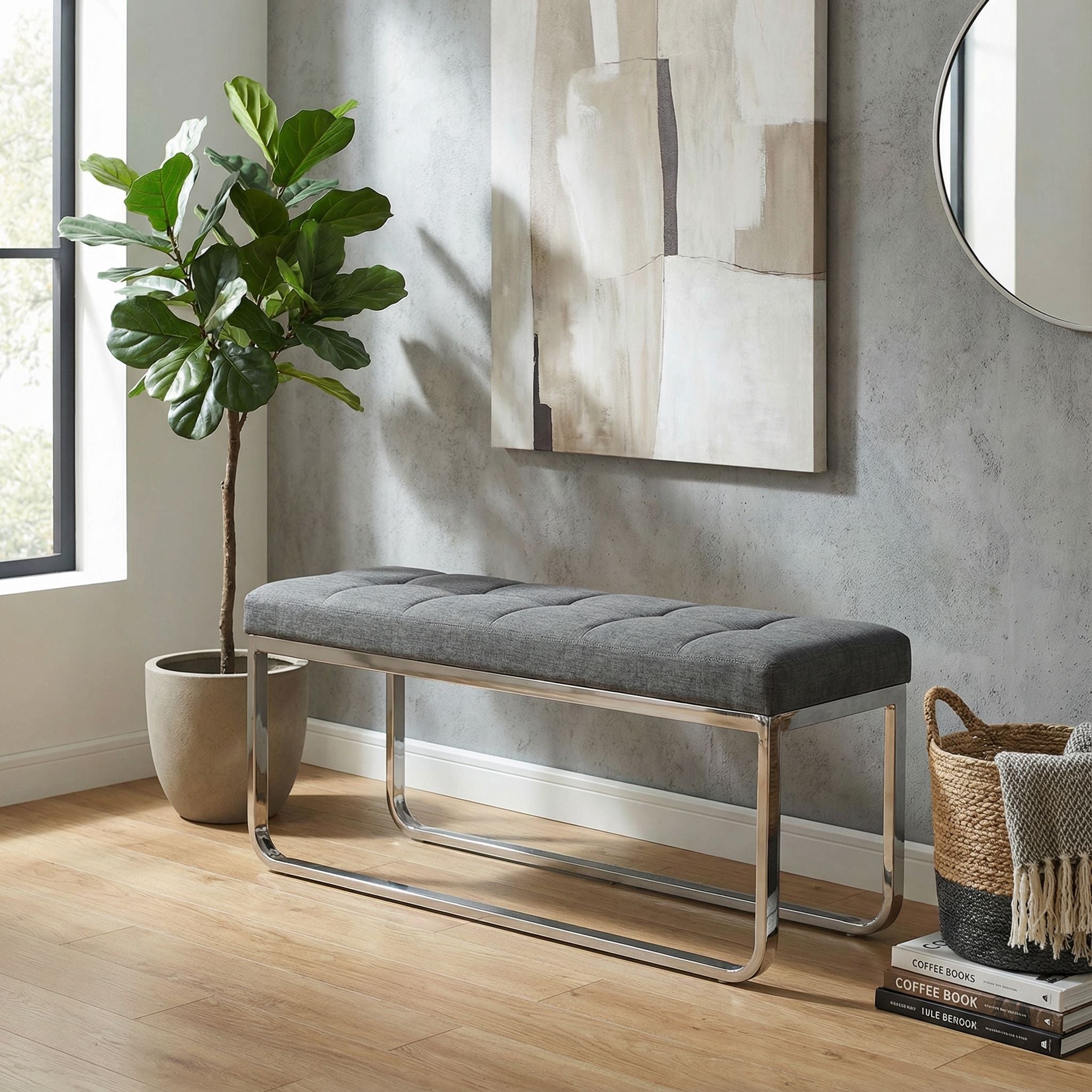 Nola Contemporary Narrow Bench in Grey Linen Fabric with Rounded Polished Stainless Steel Legs