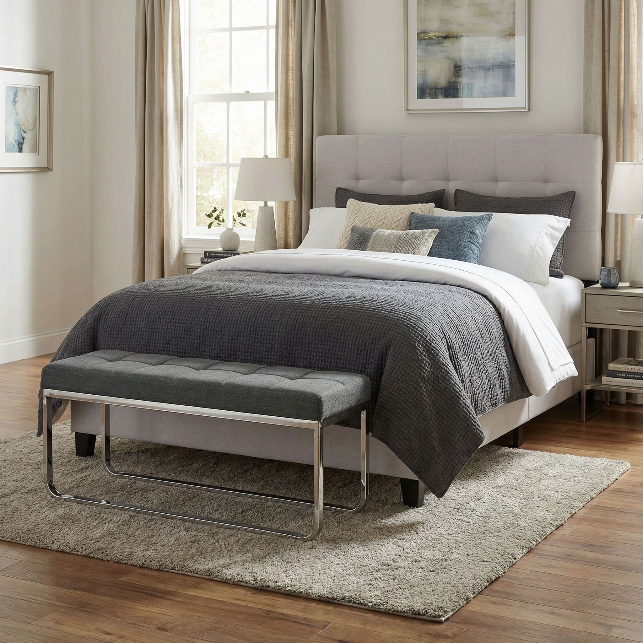 Nola Contemporary Narrow Bench in Grey Linen Fabric with Rounded Polished Stainless Steel Legs