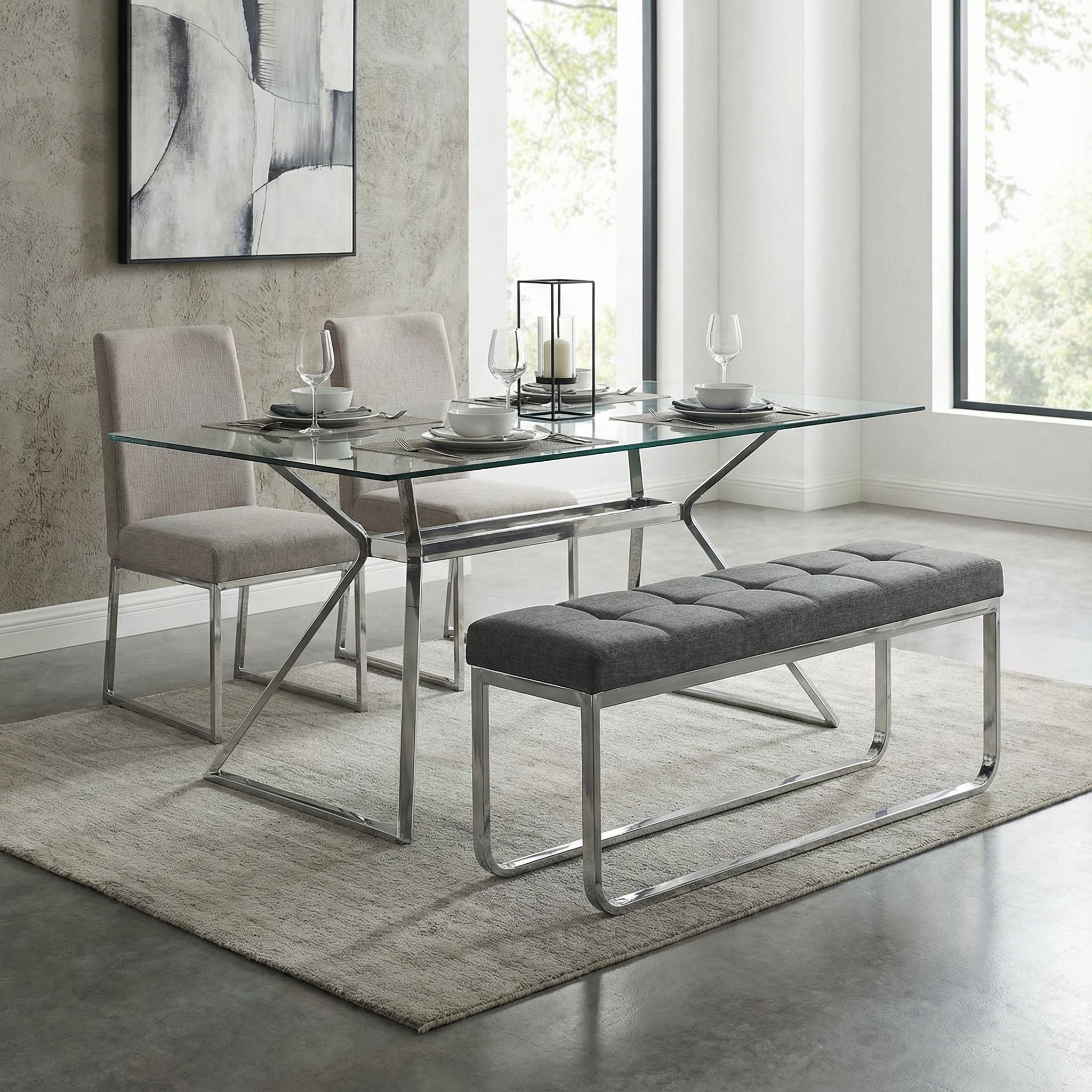 Nola Contemporary Narrow Bench in Grey Linen Fabric with Rounded Polished Stainless Steel Legs