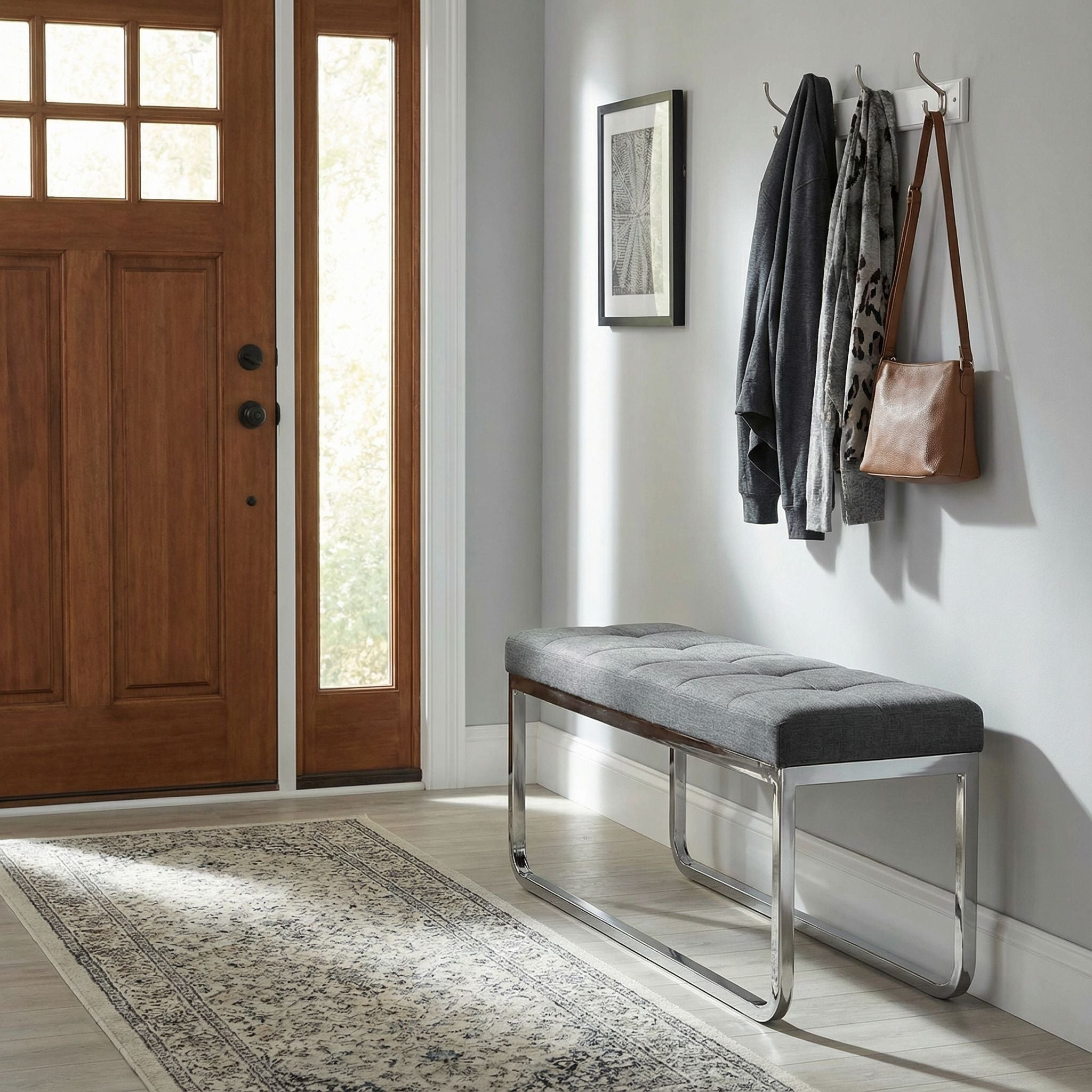 Nola Contemporary Narrow Bench in Grey Linen Fabric with Rounded Polished Stainless Steel Legs