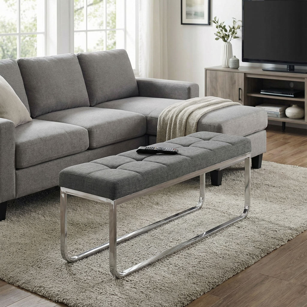 Nola Contemporary Narrow Bench in Grey Linen Fabric with Rounded Polished Stainless Steel Legs