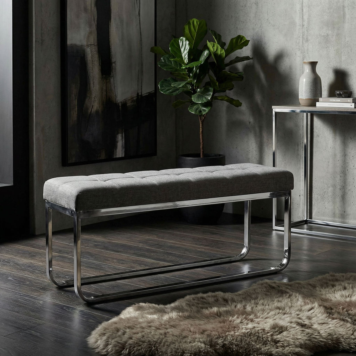 Nola Contemporary Narrow Bench in Grey Linen Fabric with Rounded Polished Stainless Steel Legs