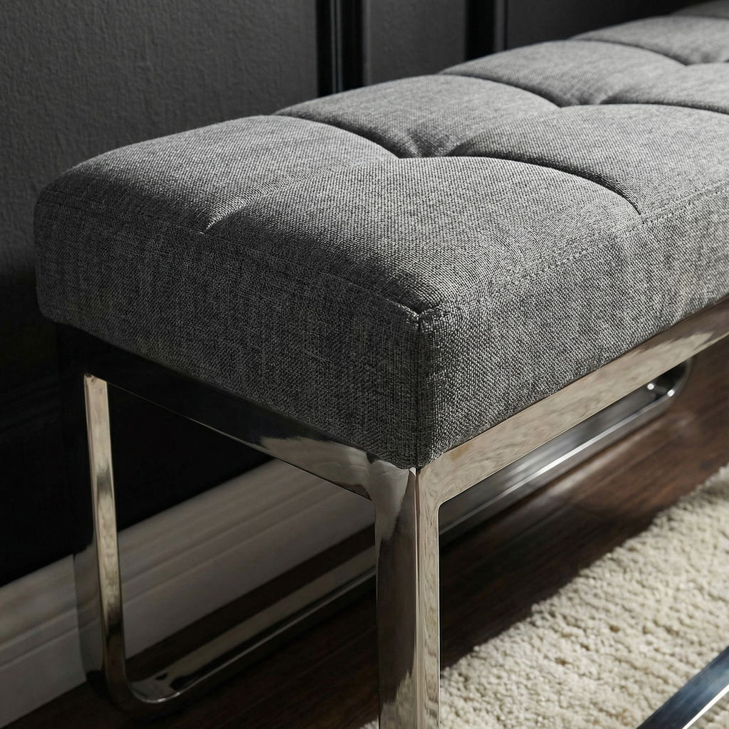 Nola Contemporary Narrow Bench in Grey Linen Fabric with Rounded Polished Stainless Steel Legs