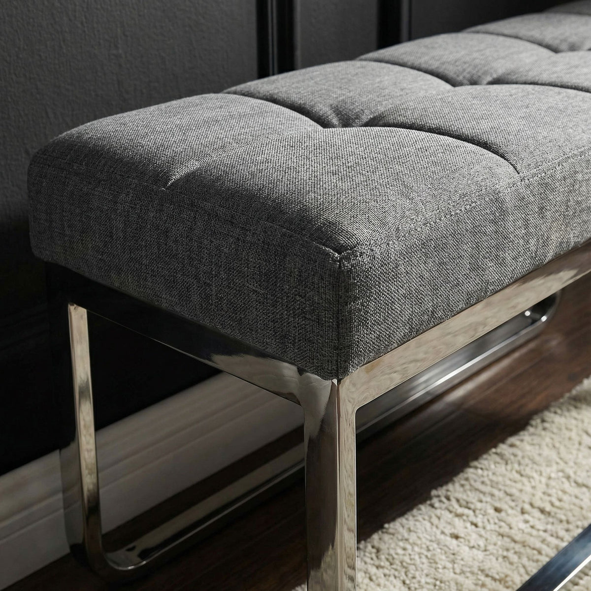 Nola Contemporary Narrow Bench in Grey Linen Fabric with Rounded Polished Stainless Steel Legs