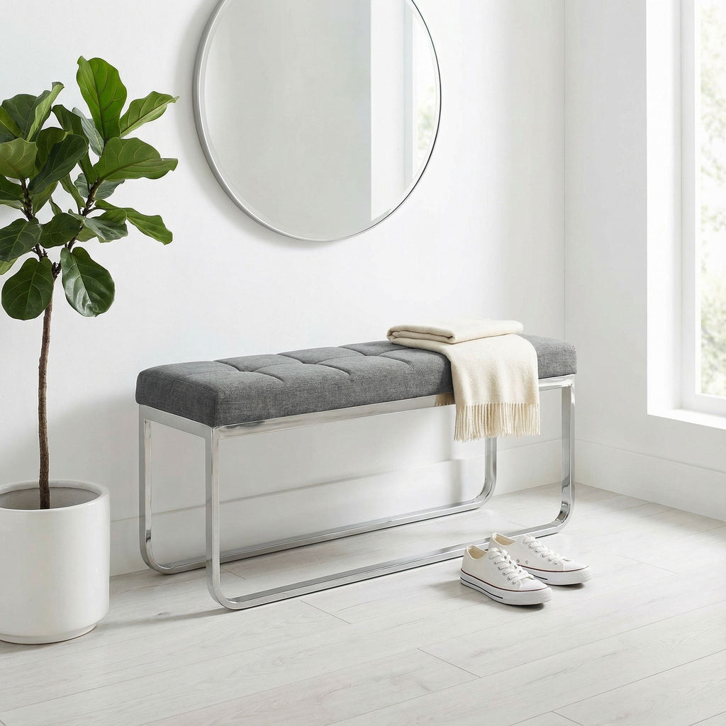 Nola Contemporary Narrow Bench in Grey Linen Fabric with Rounded Polished Stainless Steel Legs