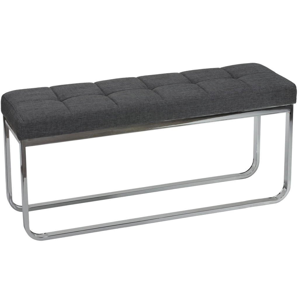 Nola Contemporary Narrow Bench in Grey Linen Fabric with Rounded Polished Stainless Steel Legs