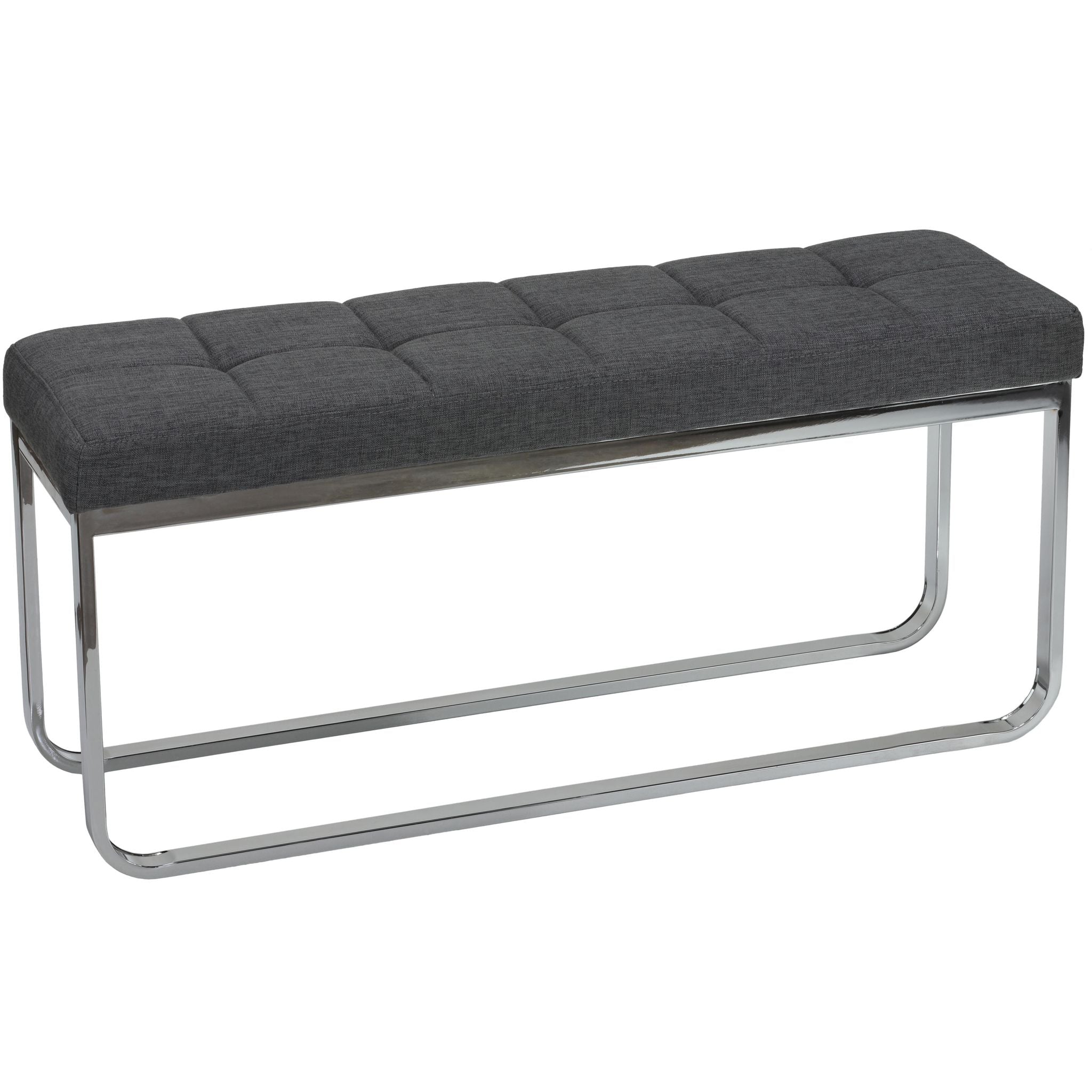 Nola Contemporary Narrow Bench in Grey Linen Fabric with Rounded Polished Stainless Steel Legs