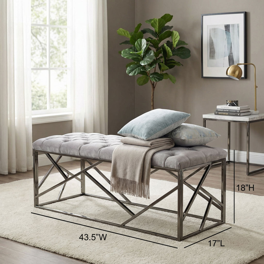 Kora Long Contemporary Metal Bench Ottoman in Grey Velvet, 43x17x18