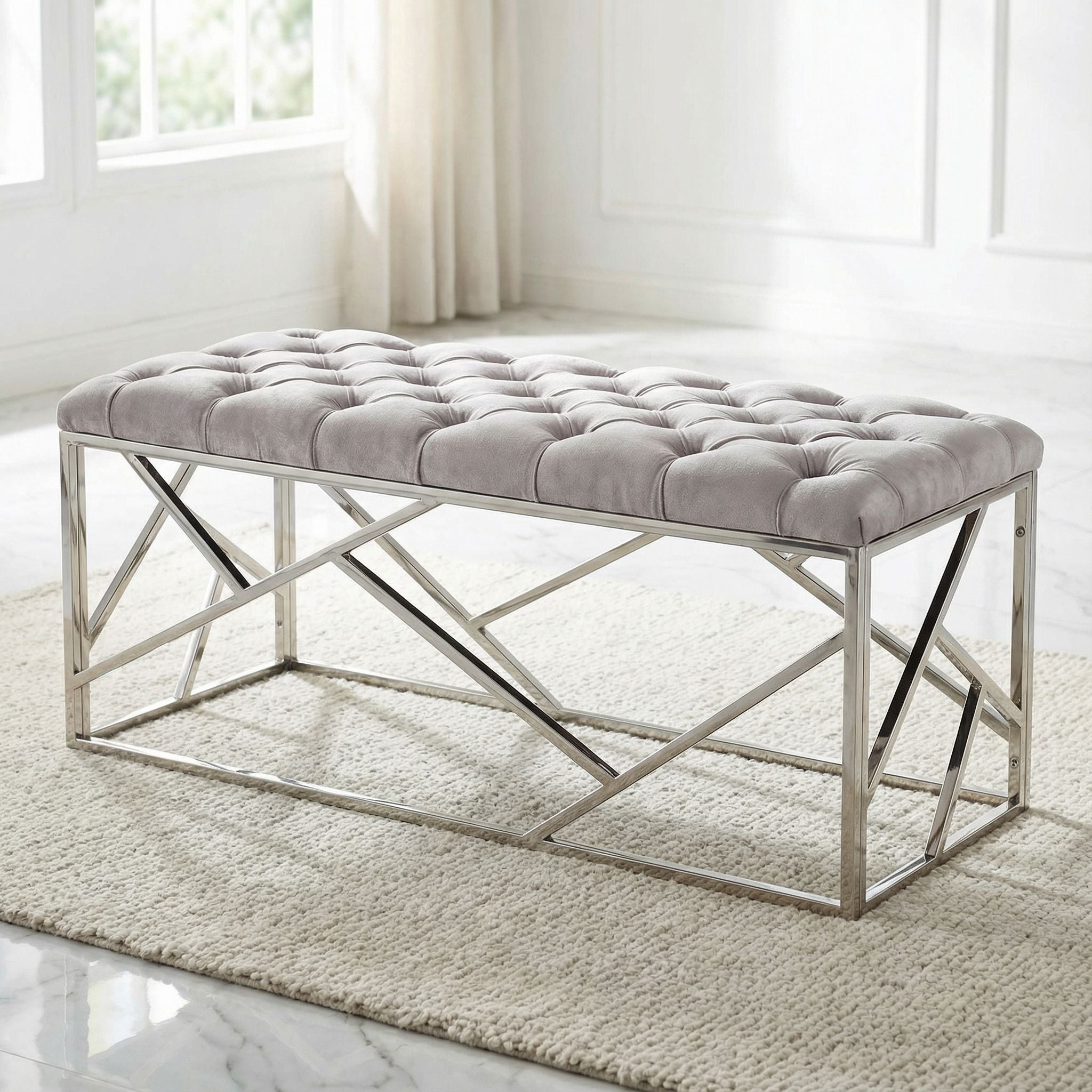 Kora Long Contemporary Metal Bench Ottoman in Grey Velvet, 43x17x18