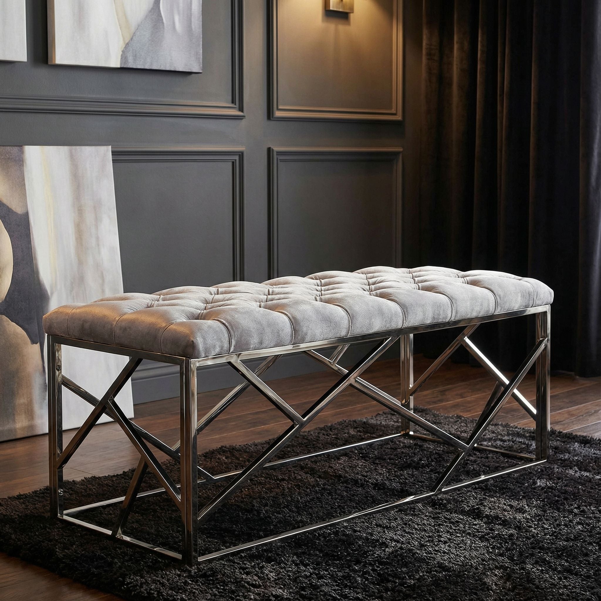 Kora Long Contemporary Metal Bench Ottoman in Grey Velvet, 43x17x18