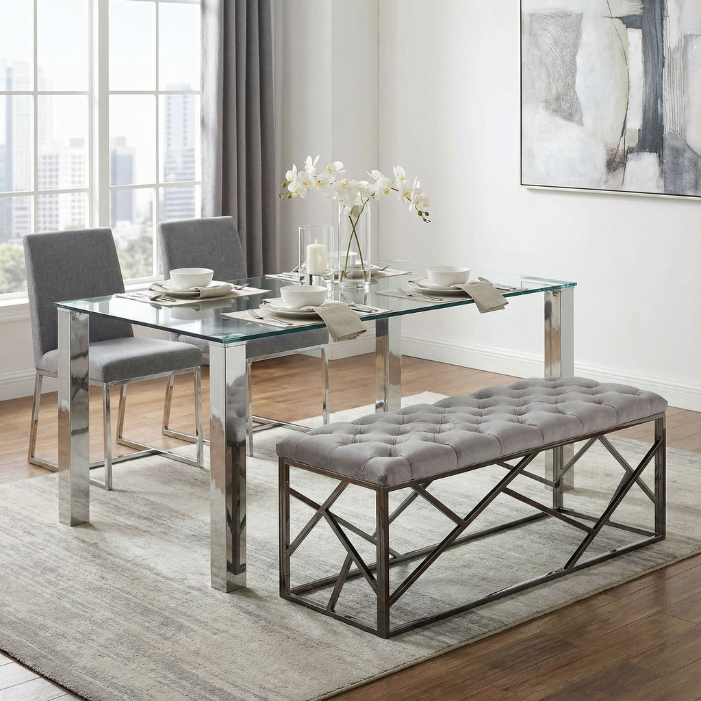 Kora Long Contemporary Metal Bench Ottoman in Grey Velvet, 43x17x18