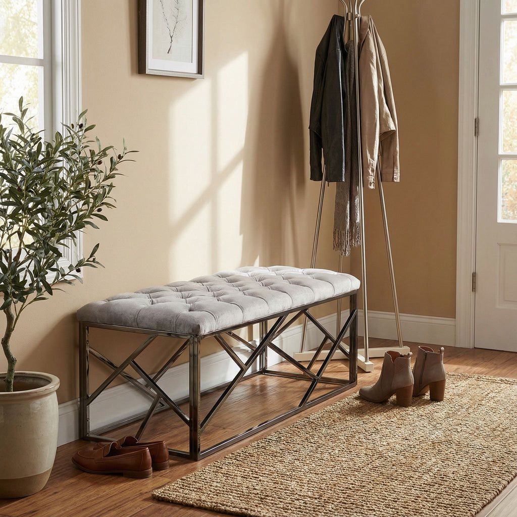 Kora Long Contemporary Metal Bench Ottoman in Grey Velvet, 43x17x18