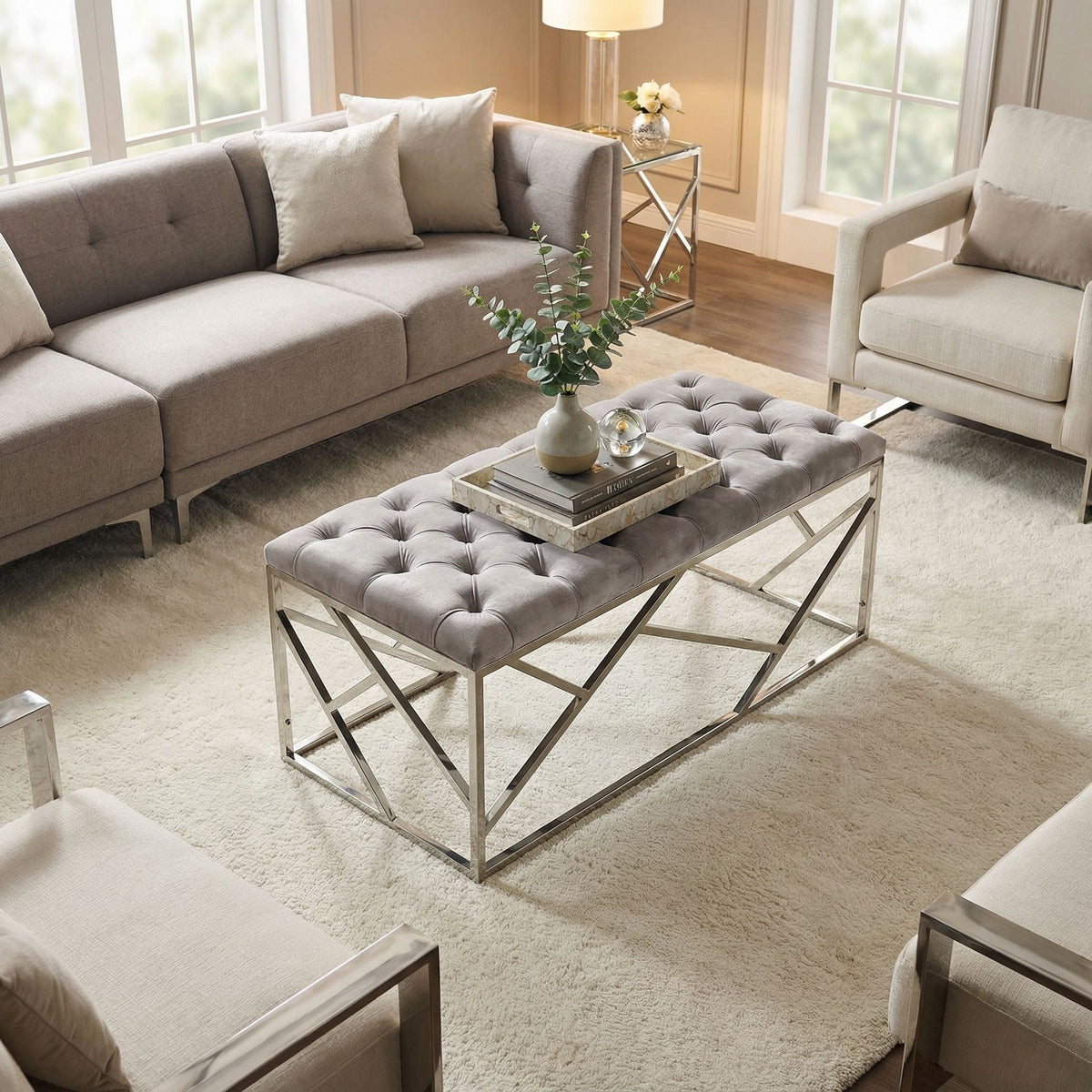 Kora Long Contemporary Metal Bench Ottoman in Grey Velvet, 43x17x18