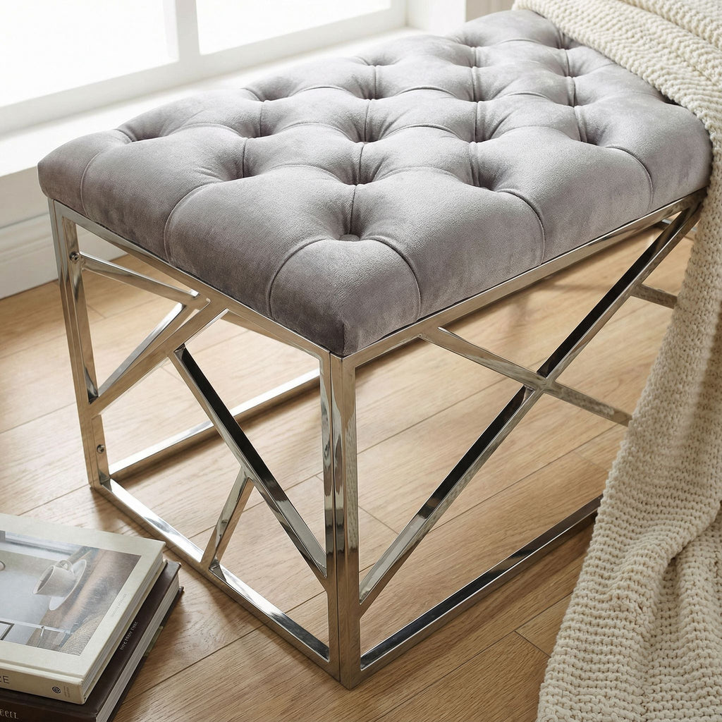 Kora Long Contemporary Metal Bench Ottoman in Grey Velvet, 43x17x18