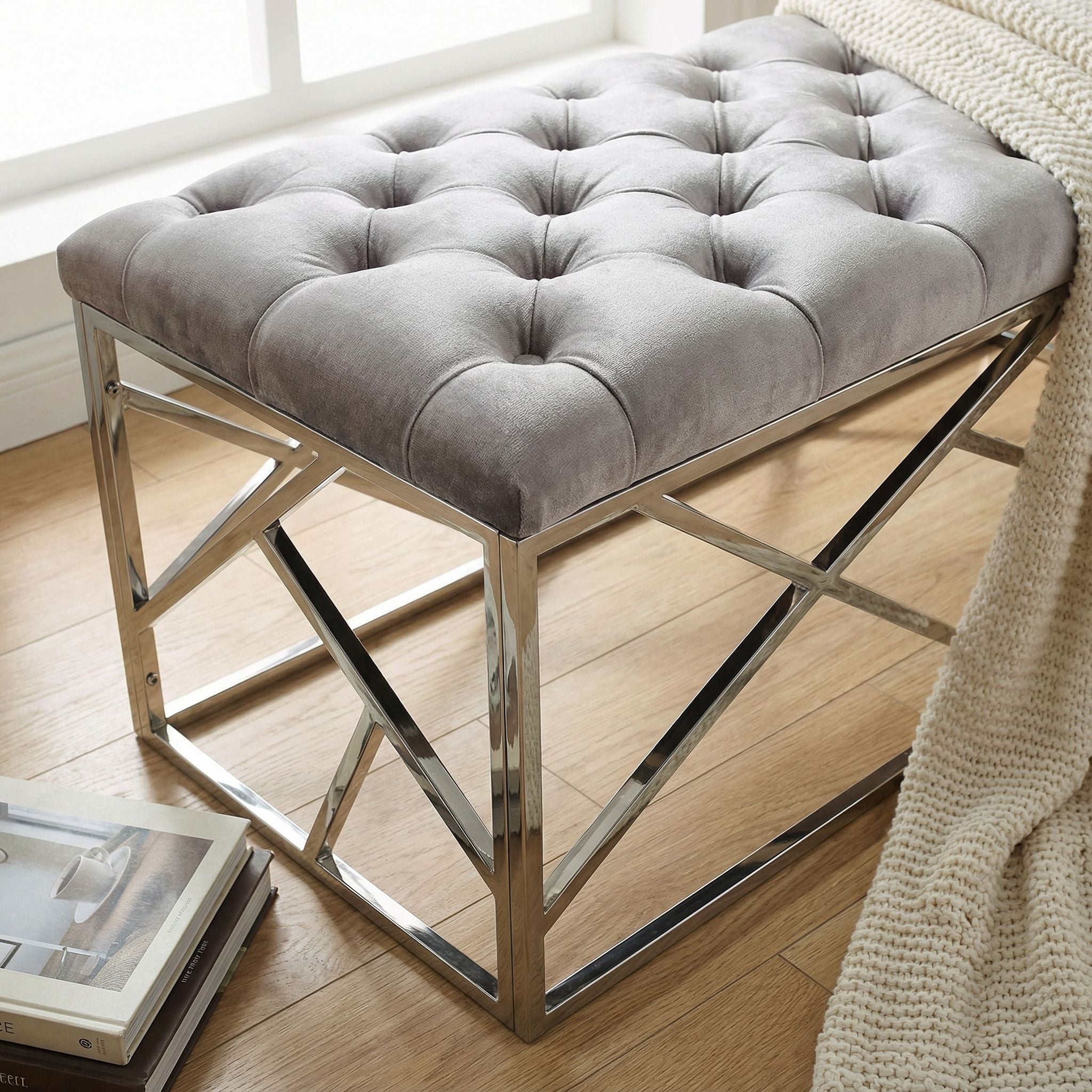 Kora Long Contemporary Metal Bench Ottoman in Grey Velvet, 43x17x18