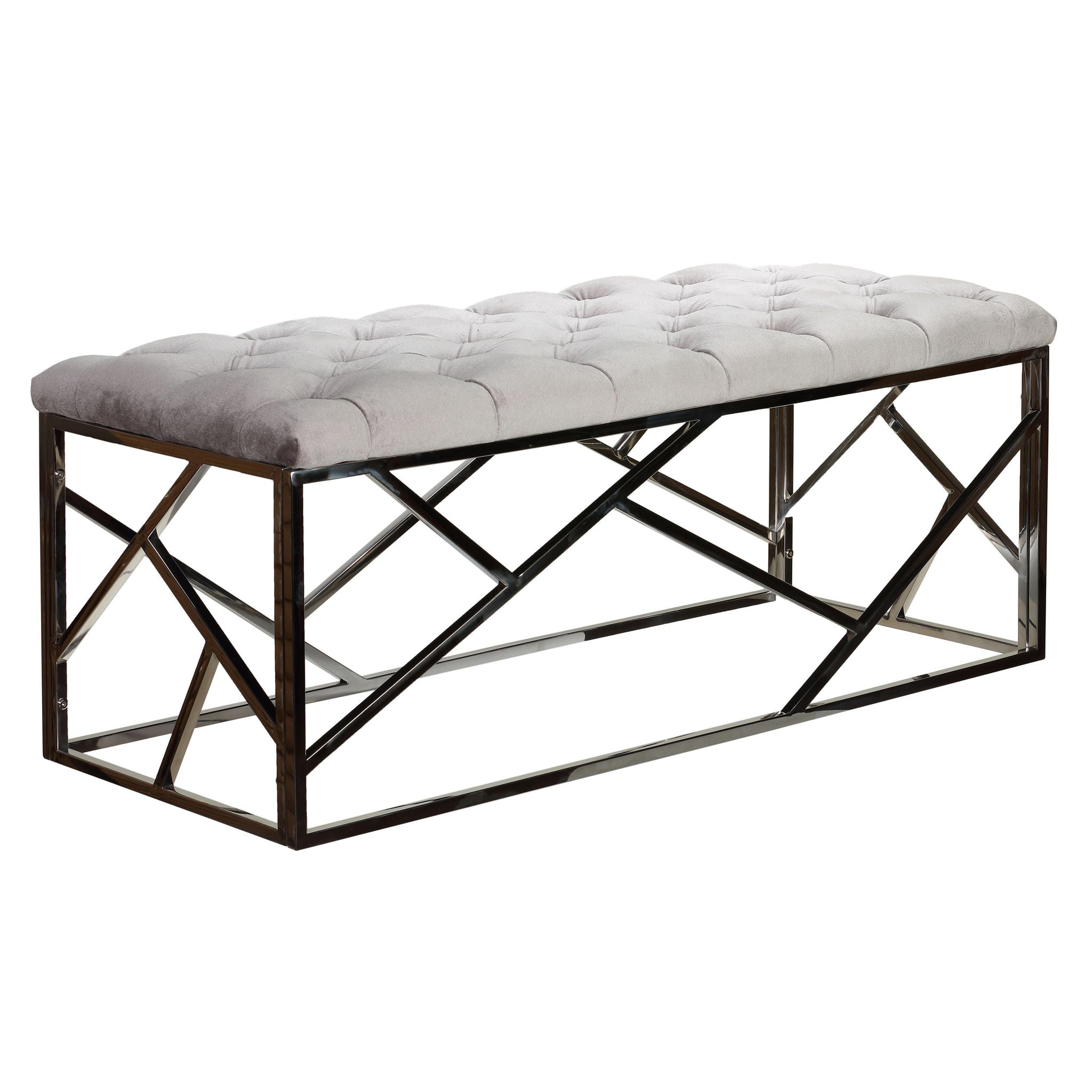 Kora Long Contemporary Metal Bench Ottoman in Grey Velvet, 43x17x18