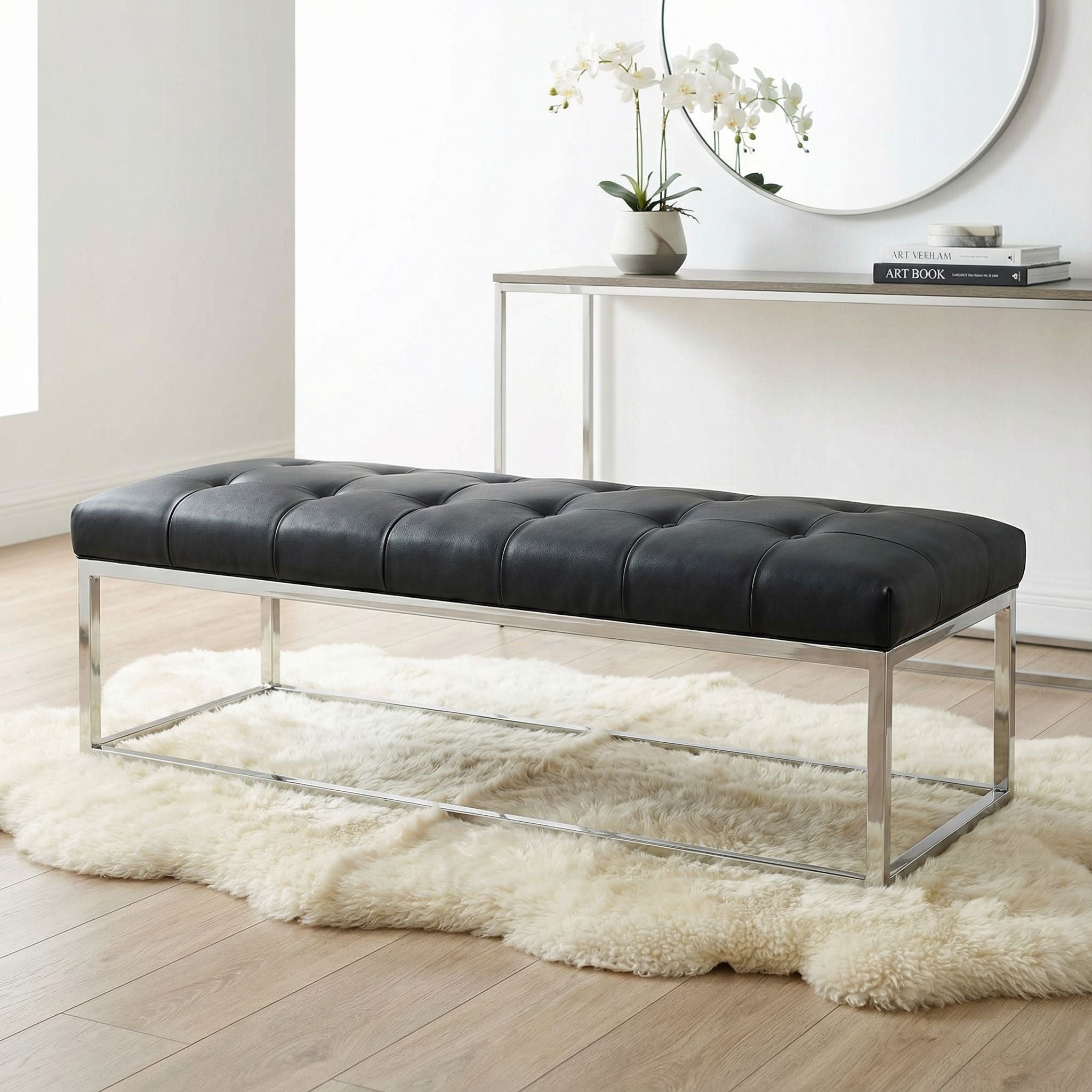 Biago Contemporary Oversized Tufted Long Bench, Black Leather Like Vinyl