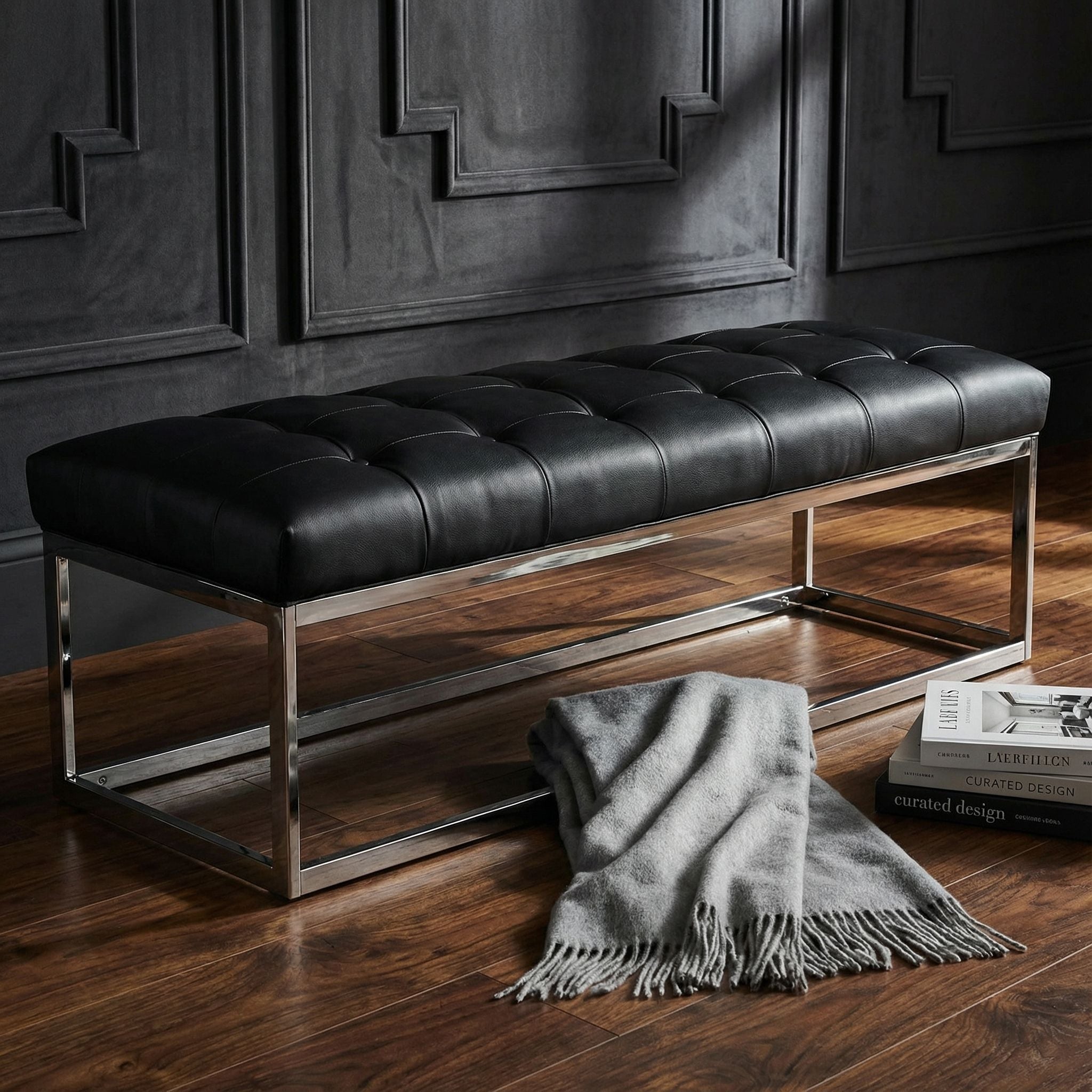 Biago Contemporary Oversized Tufted Long Bench, Black Leather Like Vinyl