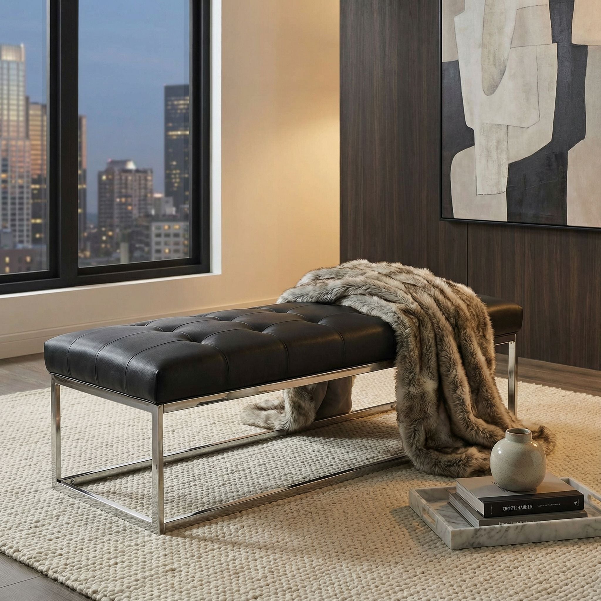 Biago Contemporary Oversized Tufted Long Bench, Black Leather Like Vinyl