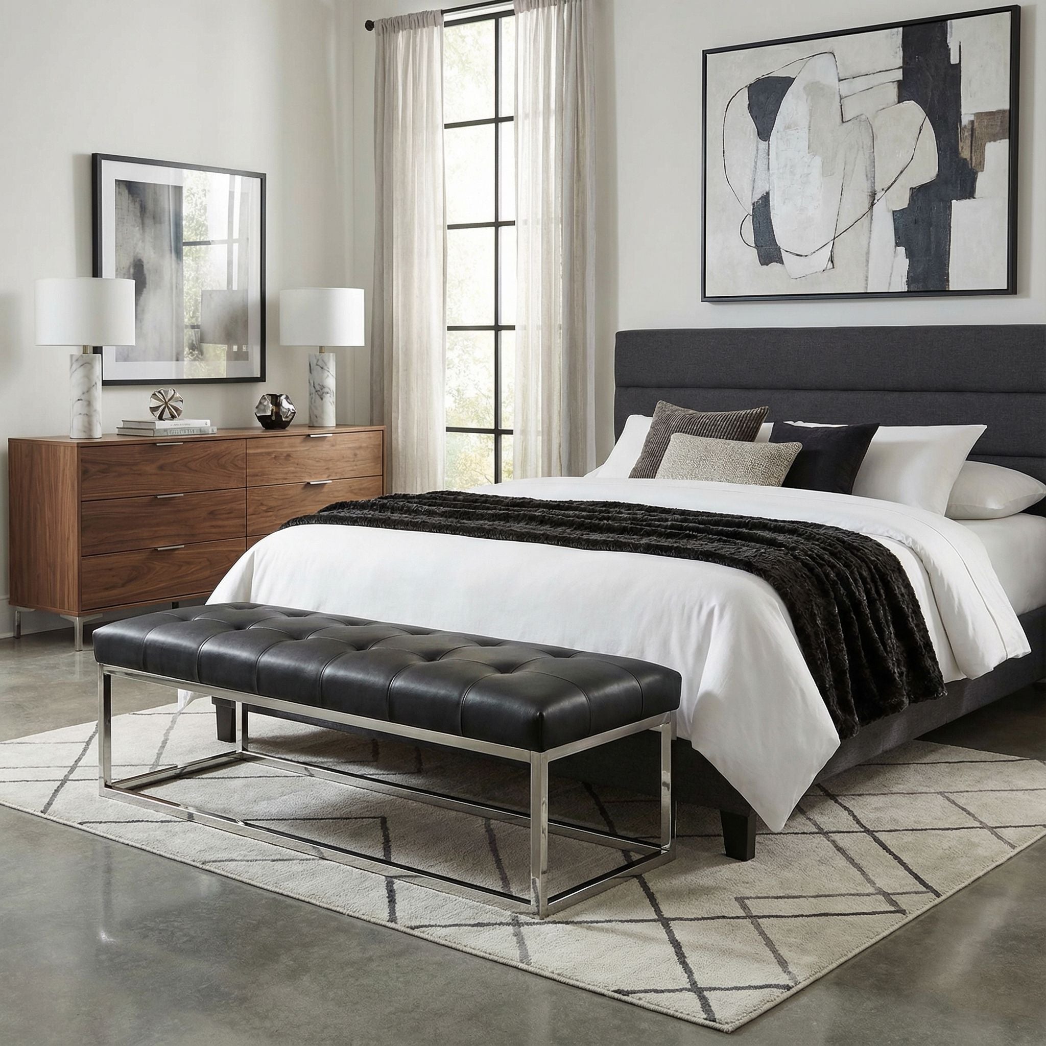 Biago Contemporary Oversized Tufted Long Bench, Black Leather Like Vinyl