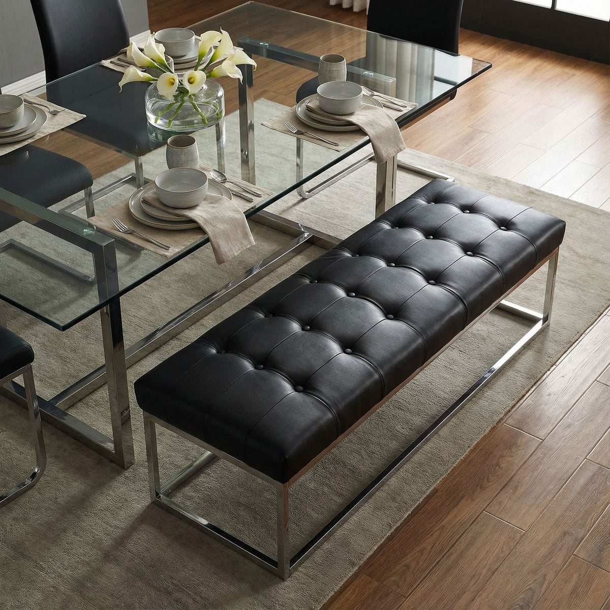 Biago Contemporary Oversized Tufted Long Bench, Black Leather Like Vinyl