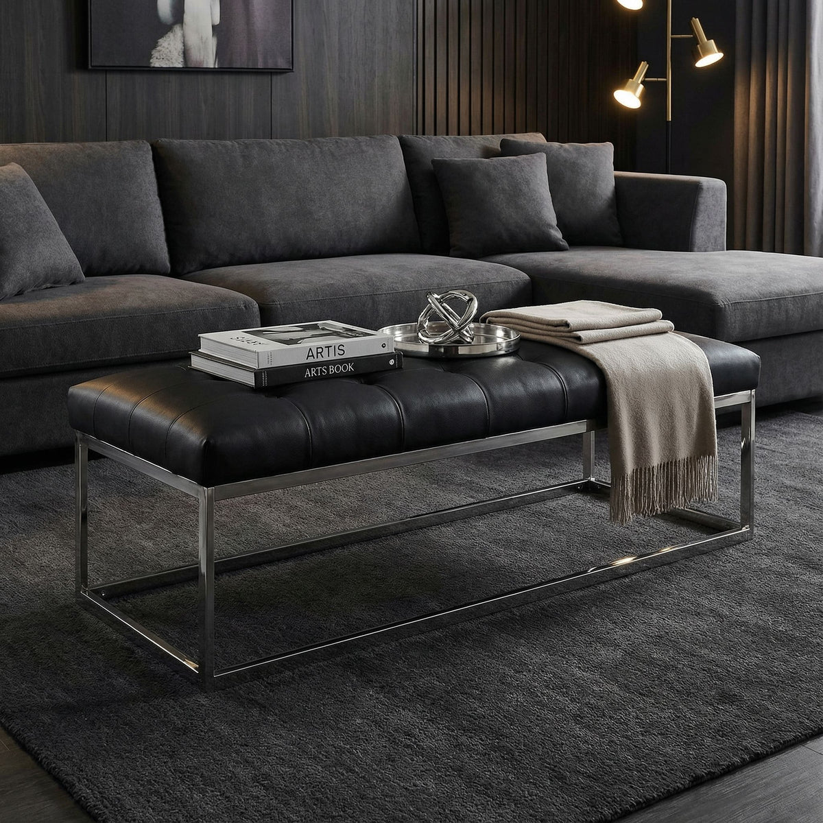 Biago Contemporary Oversized Tufted Long Bench, Black Leather Like Vinyl