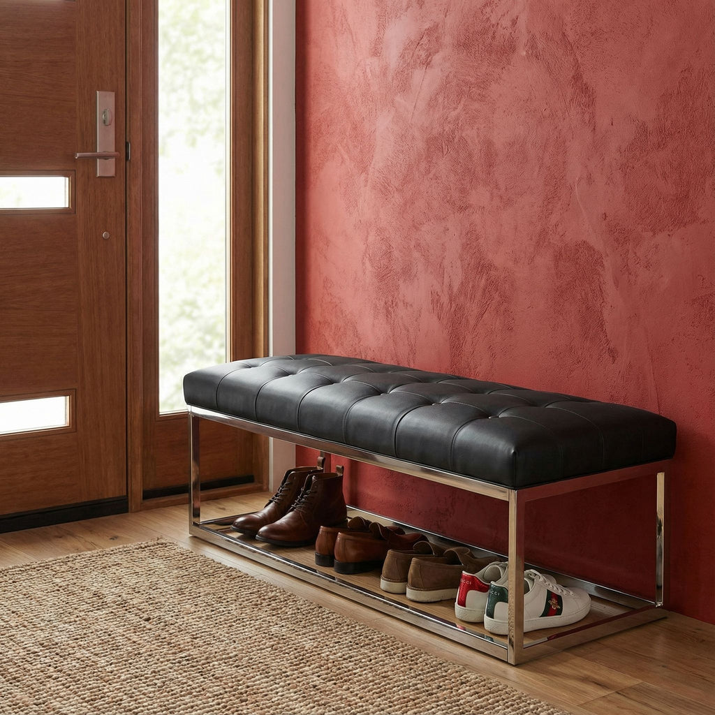 Biago Contemporary Oversized Tufted Long Bench, Black Leather Like Vinyl