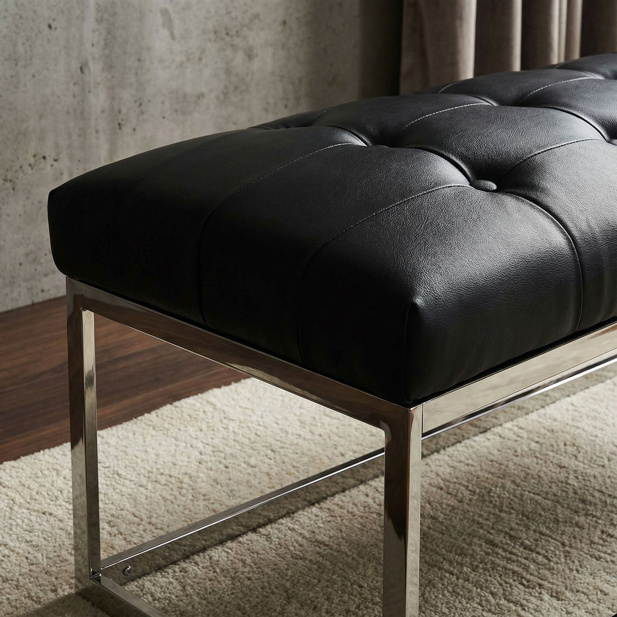 Biago Contemporary Oversized Tufted Long Bench, Black Leather Like Vinyl