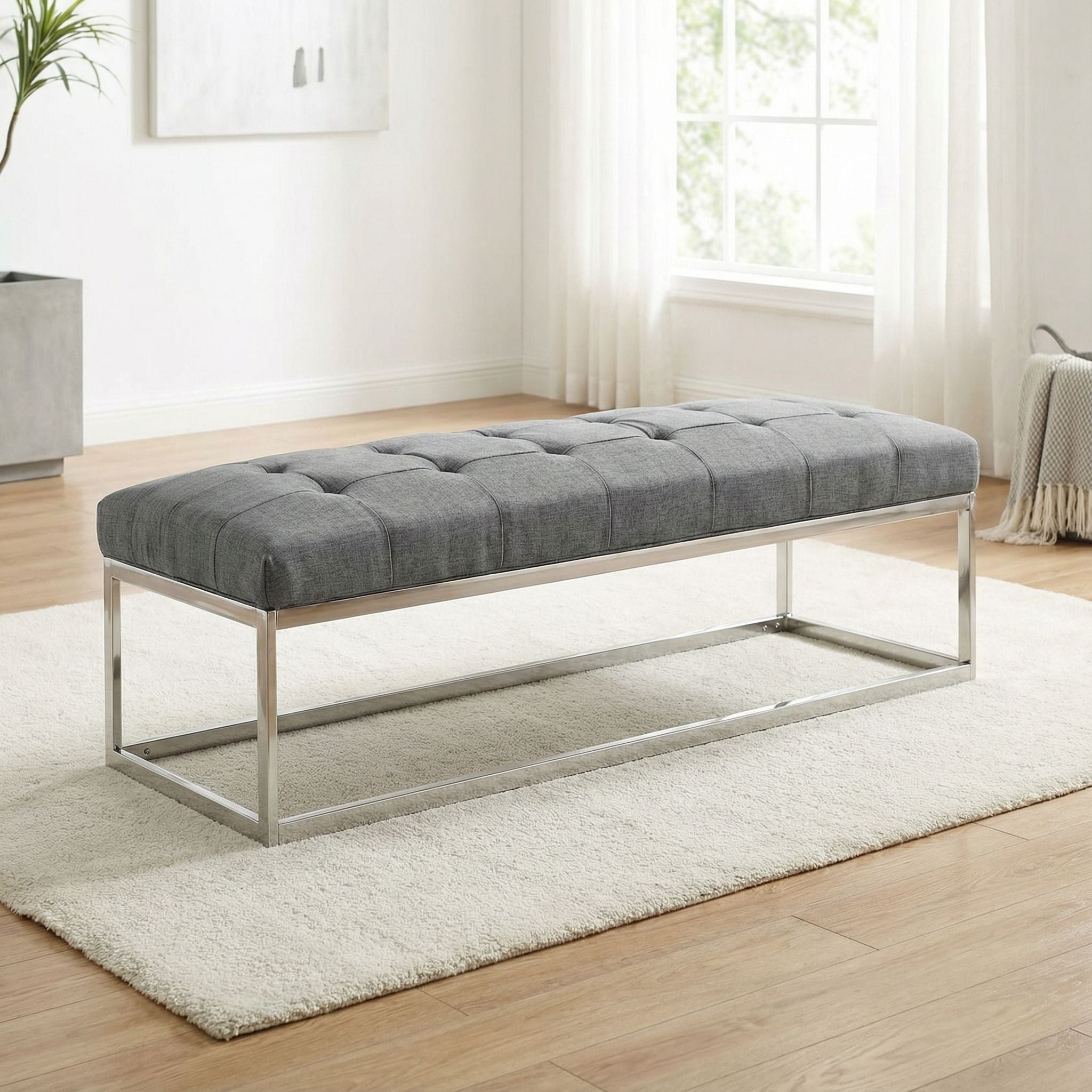 Biago Contemporary Tufted Oversize Bench in Fabric, Grey Linen Fabric