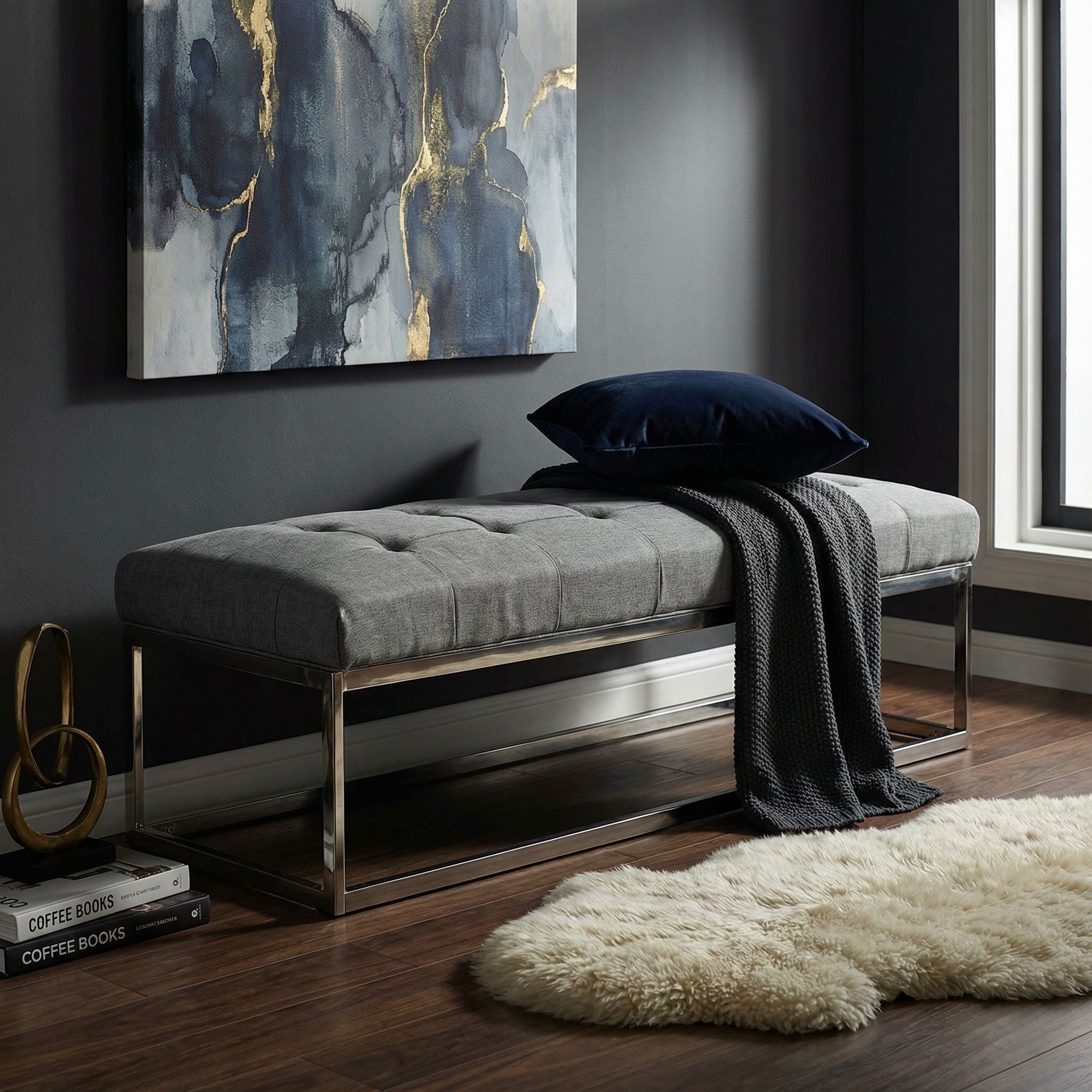 Biago Contemporary Tufted Oversize Bench in Fabric, Grey Linen Fabric