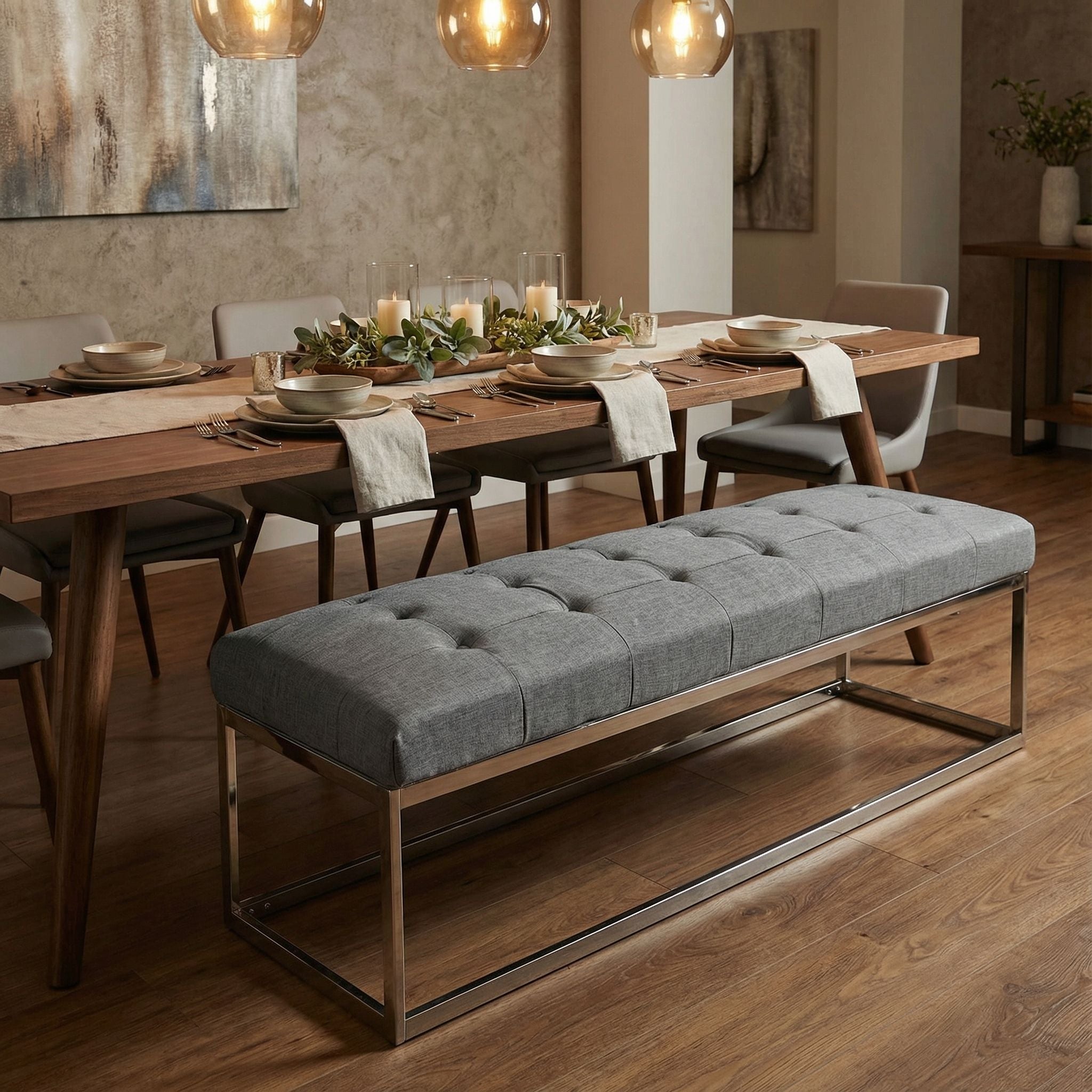 Biago Contemporary Tufted Oversize Bench in Fabric, Grey Linen Fabric