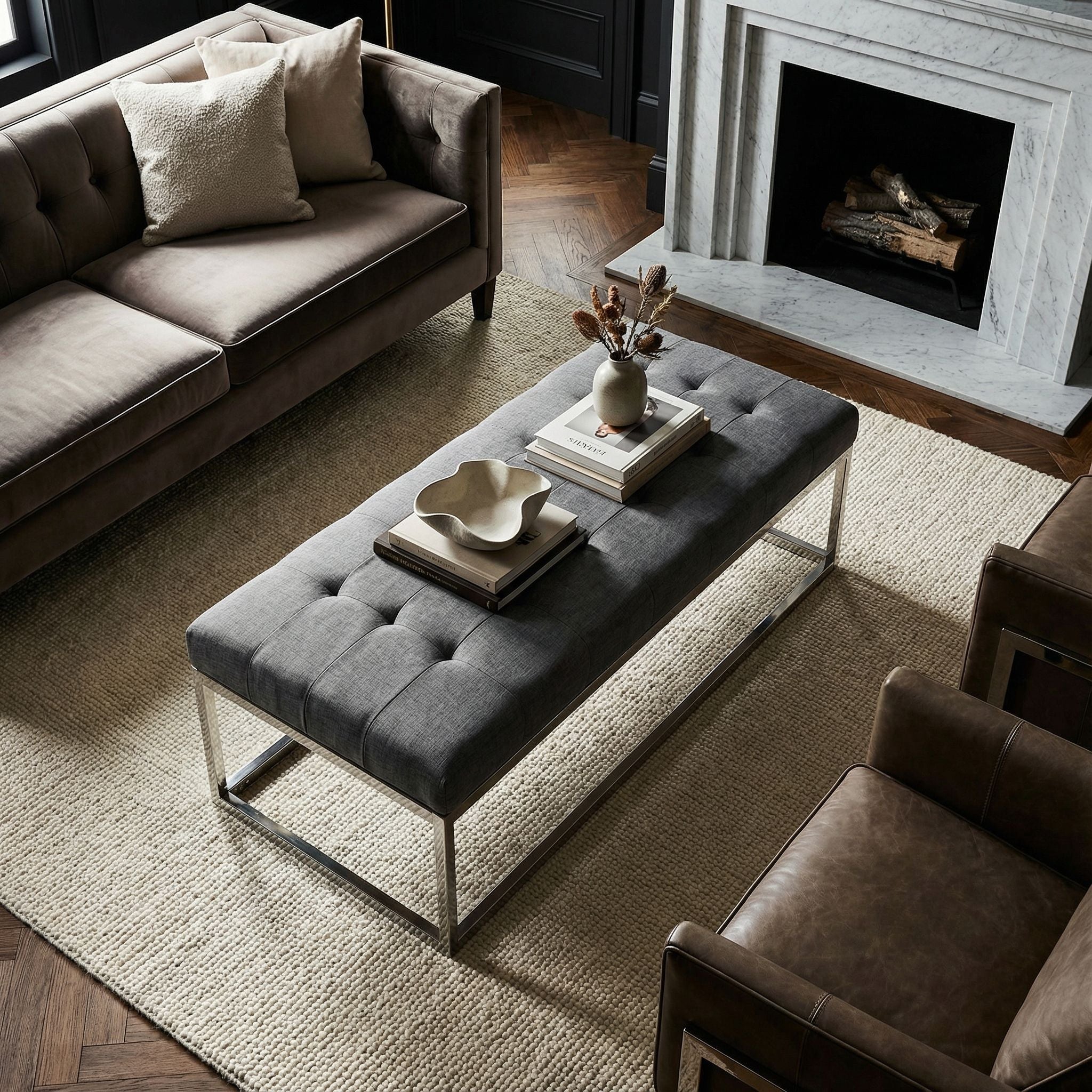 Biago Contemporary Tufted Oversize Bench in Fabric, Grey Linen Fabric