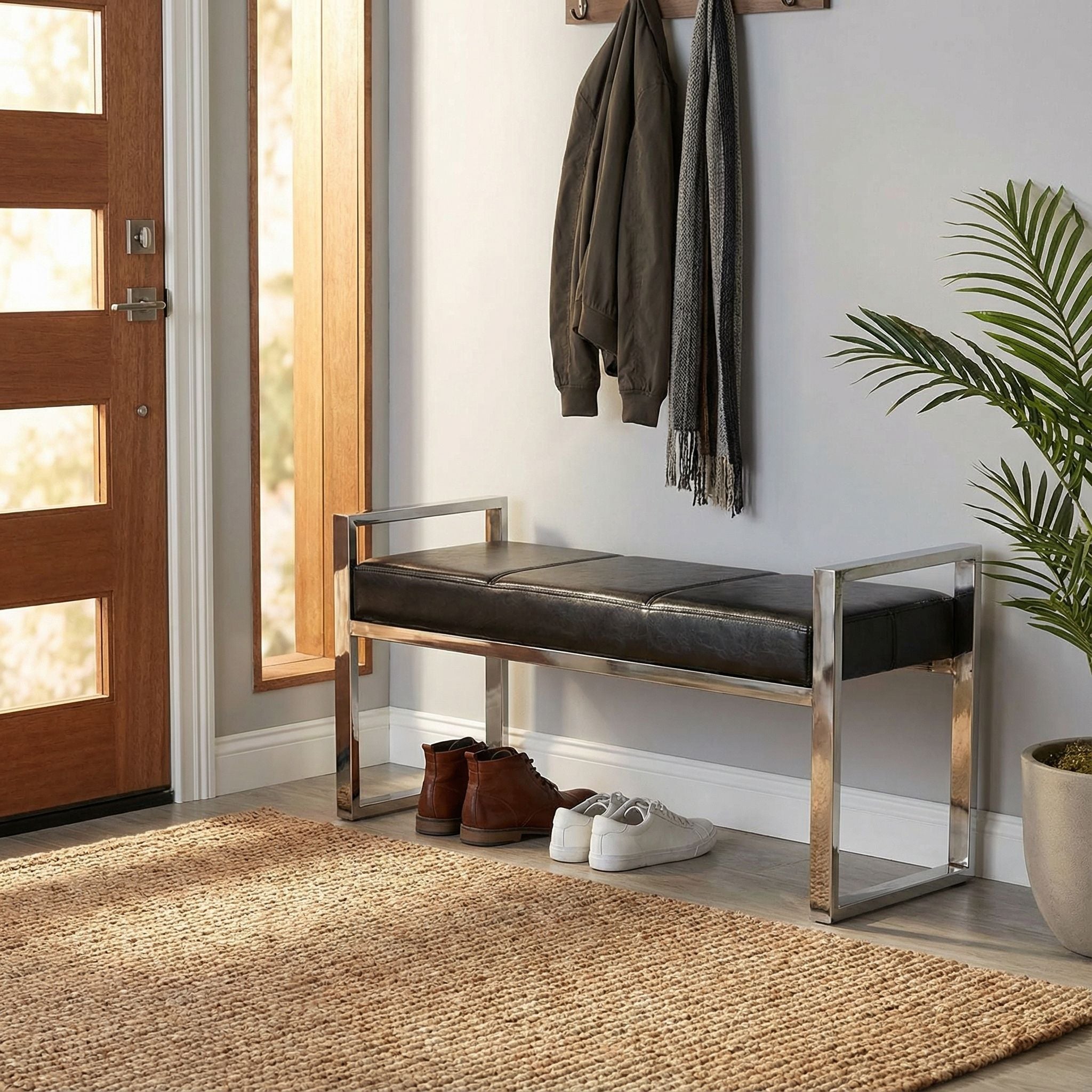 Holden Contemporary Metal Entryway Bench, Black faux Leather