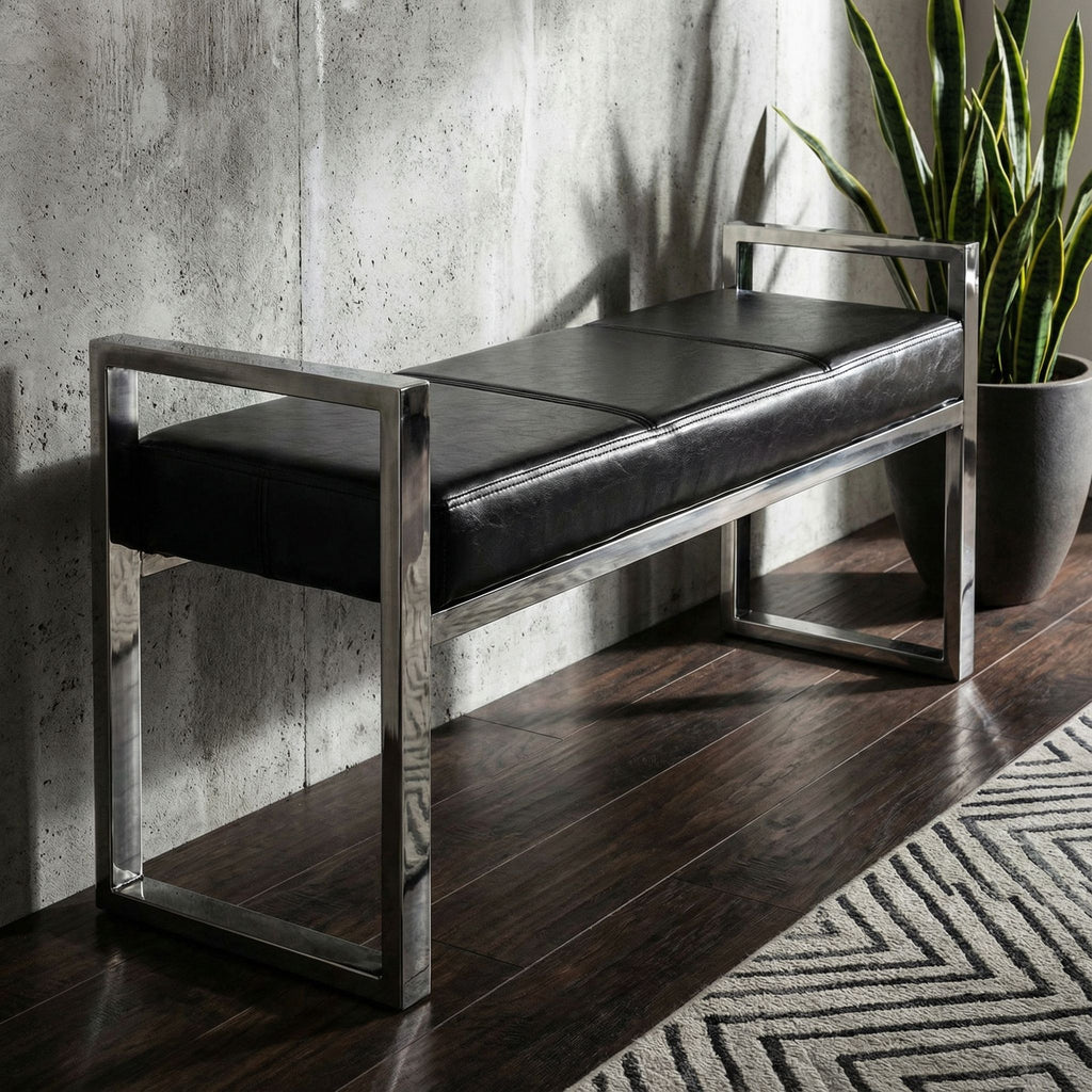 Holden Contemporary Metal Entryway Bench, Black faux Leather