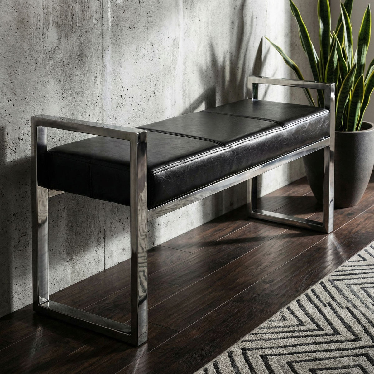 Holden Contemporary Metal Entryway Bench, Black faux Leather