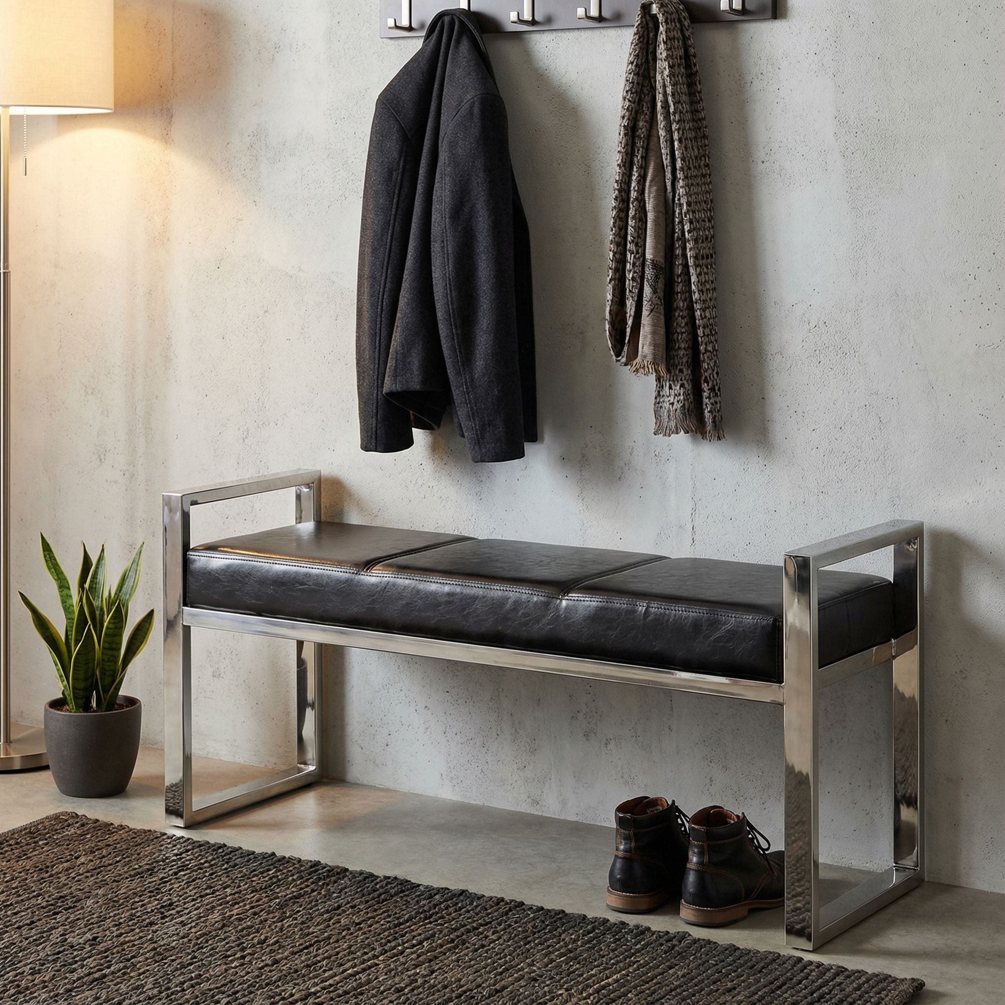 Holden Contemporary Metal Entryway Bench, Black faux Leather