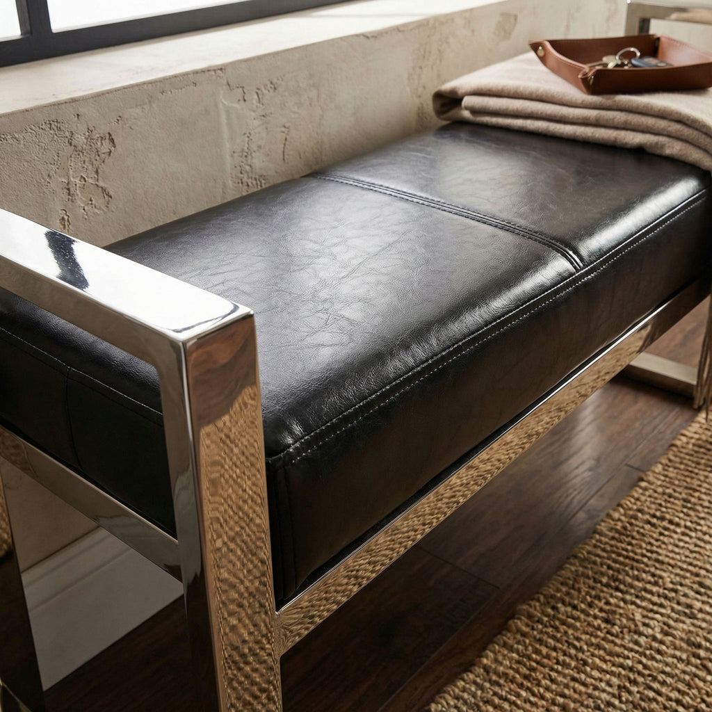 Holden Contemporary Metal Entryway Bench, Black faux Leather