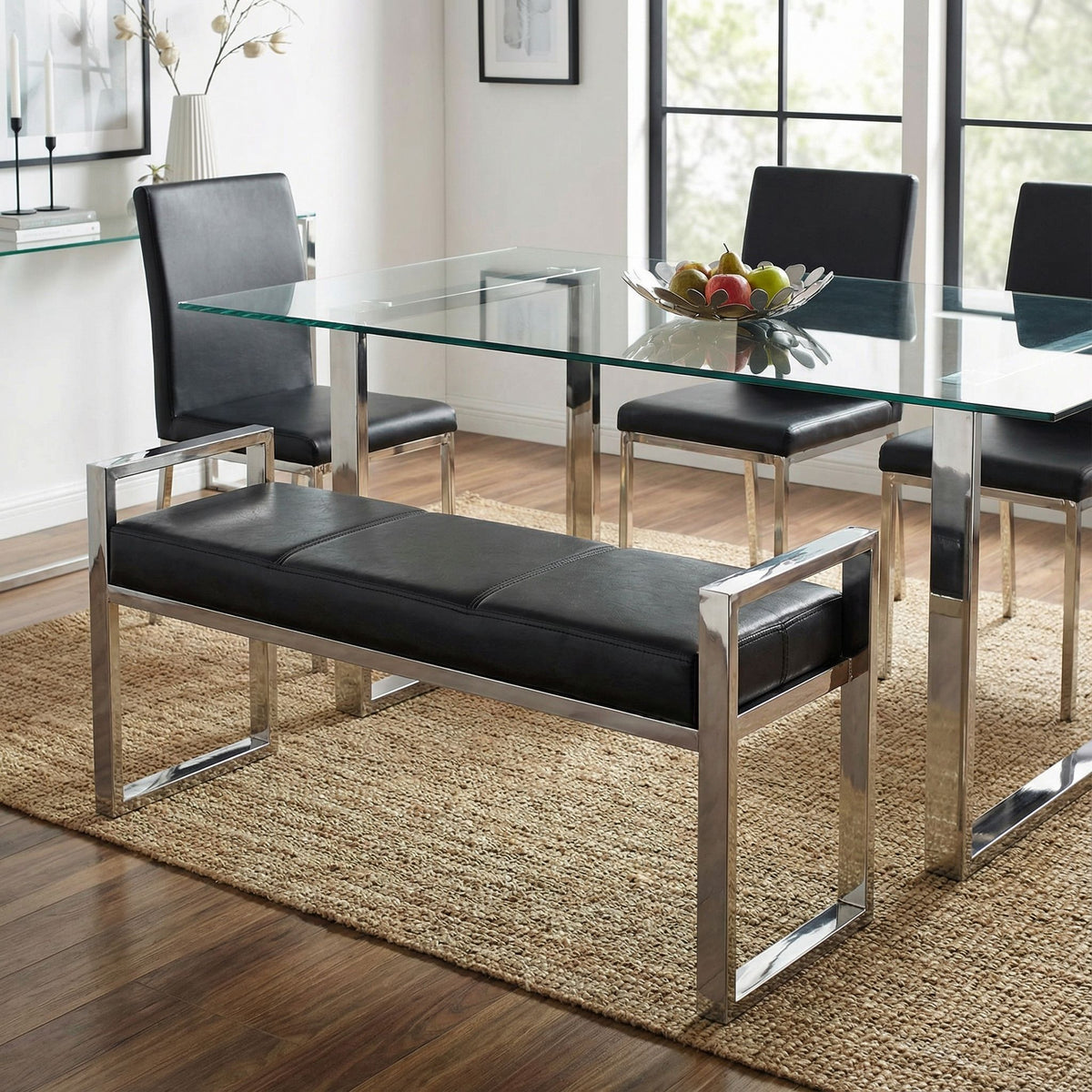 Holden Contemporary Metal Entryway Bench, Black faux Leather