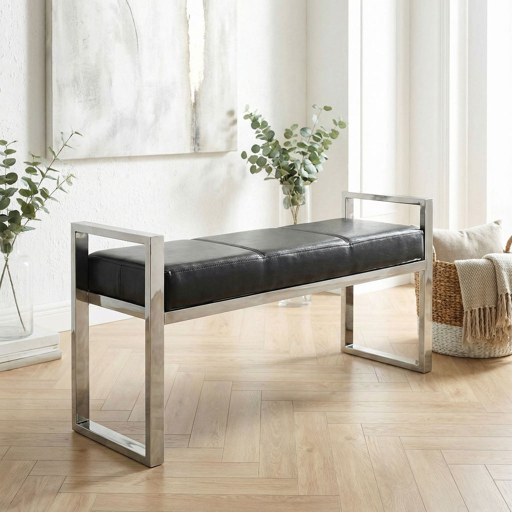 Holden Contemporary Metal Entryway Bench, Black faux Leather
