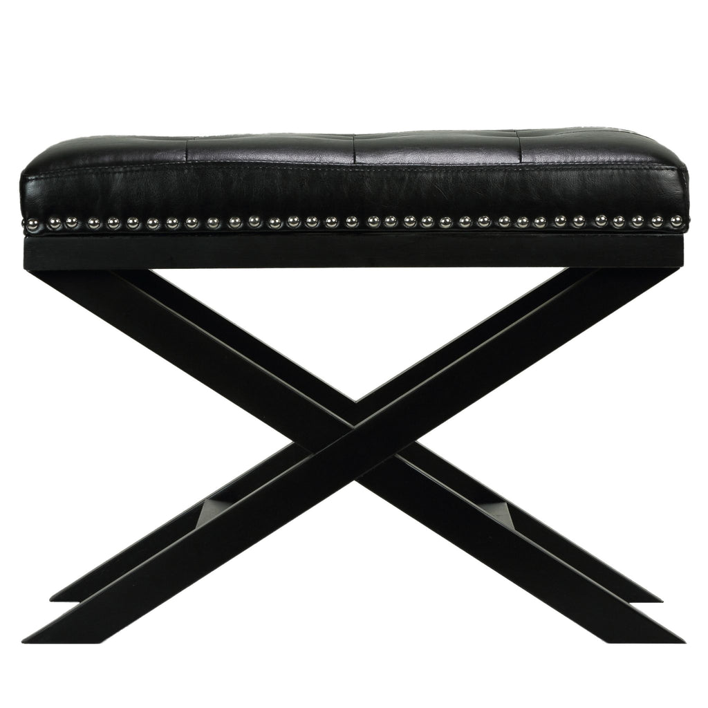 Kayla Traditional X Bench Ottoman in Vinyl with Nailhead Trim, Black