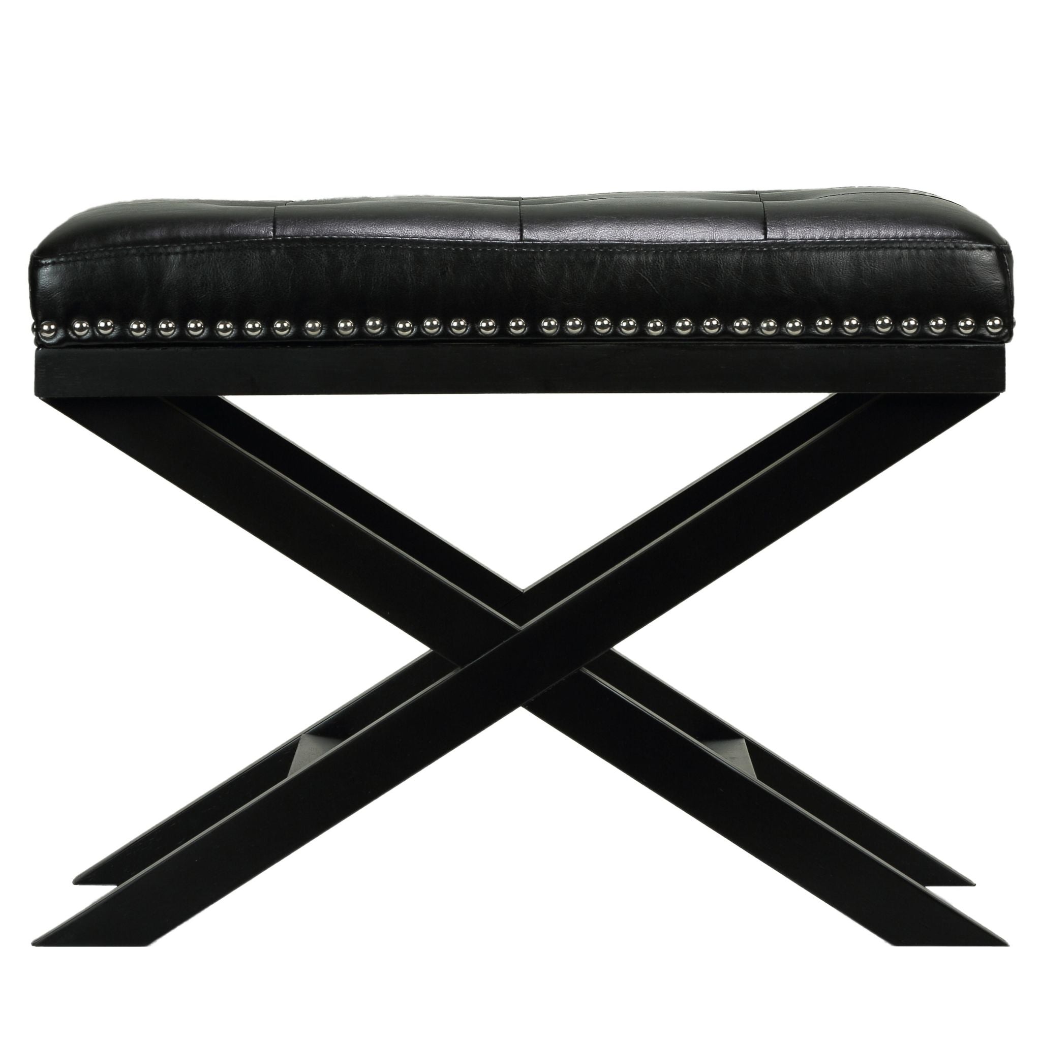Kayla Traditional X Bench Ottoman in Vinyl with Nailhead Trim, Black
