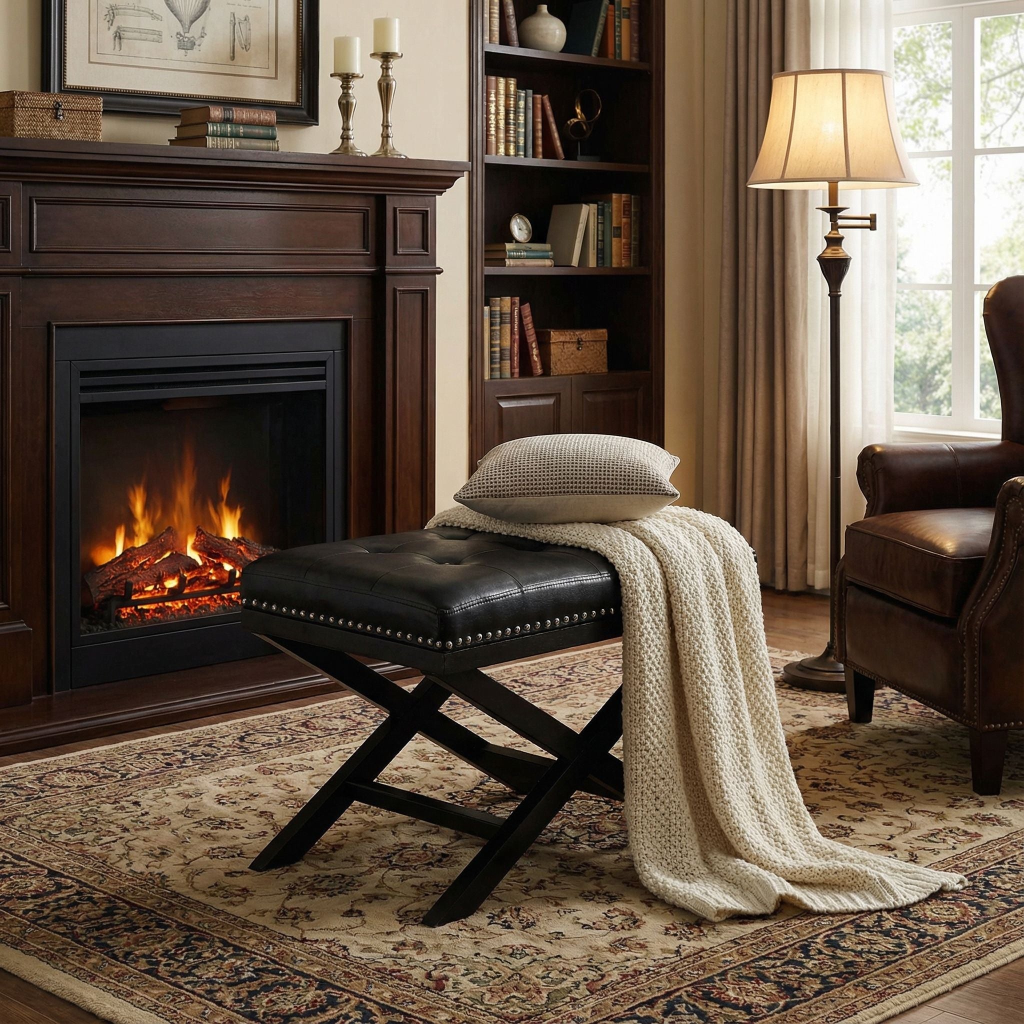 Kayla Traditional X Bench Ottoman in Vinyl with Nailhead Trim, Black