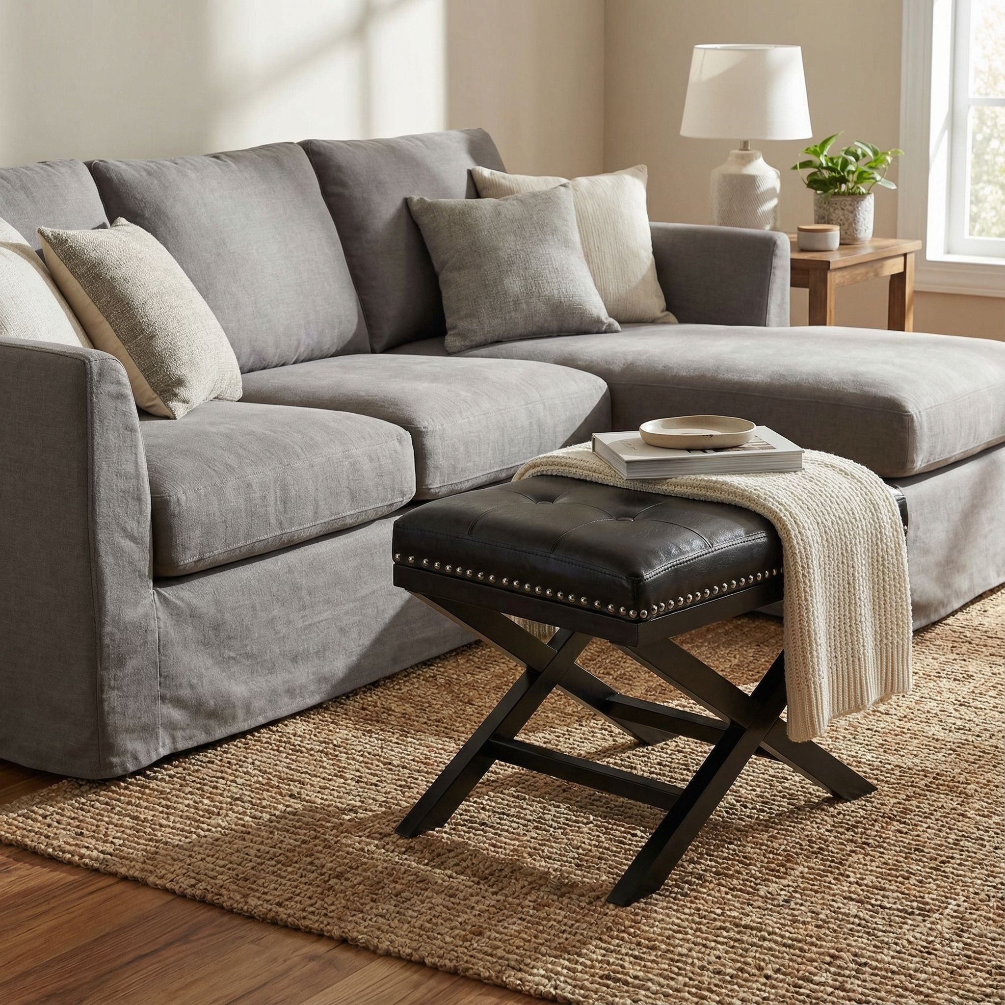 Kayla Traditional X Bench Ottoman in Vinyl with Nailhead Trim, Black