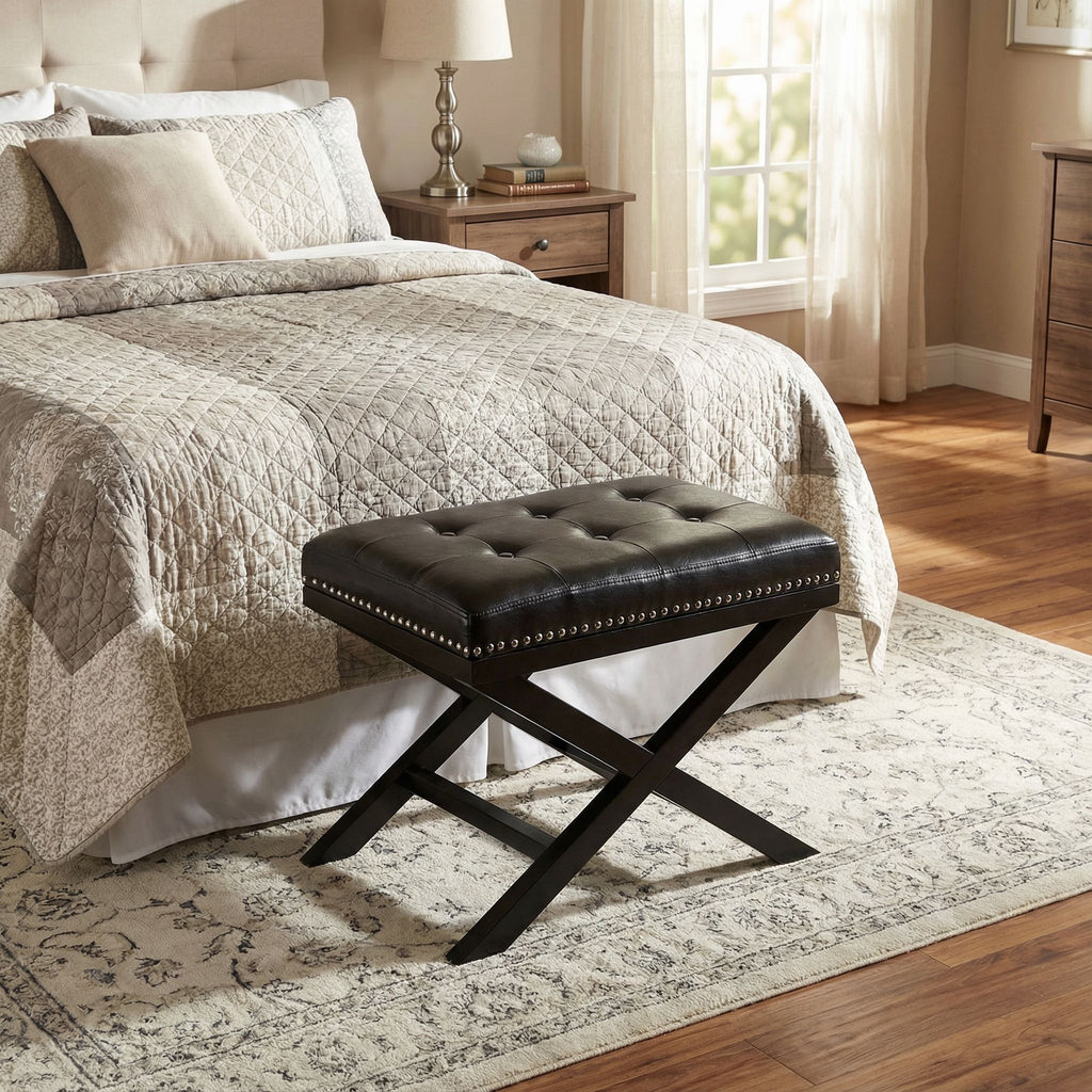 Kayla Traditional X Bench Ottoman in Vinyl with Nailhead Trim, Black