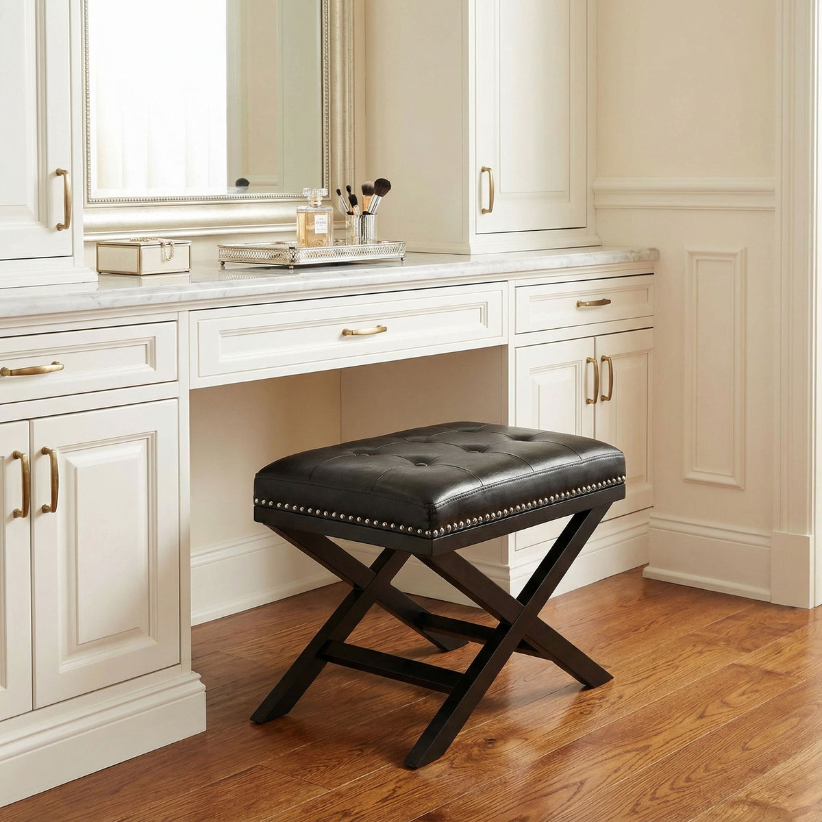 Kayla Traditional X Bench Ottoman in Vinyl with Nailhead Trim, Black