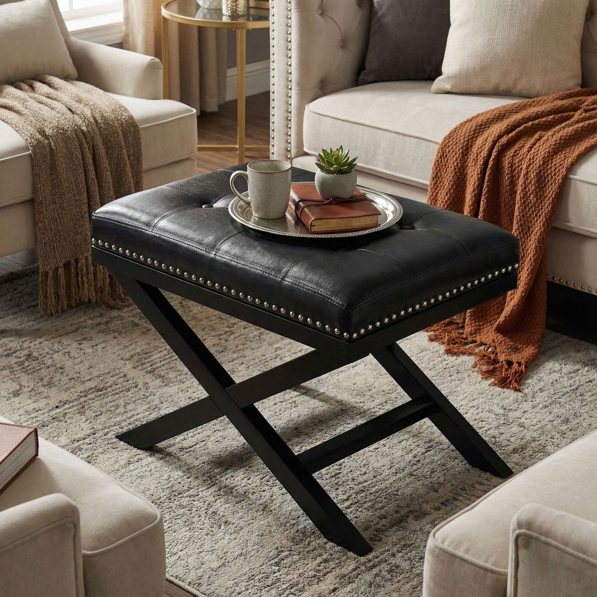 Kayla Traditional X Bench Ottoman in Vinyl with Nailhead Trim, Black